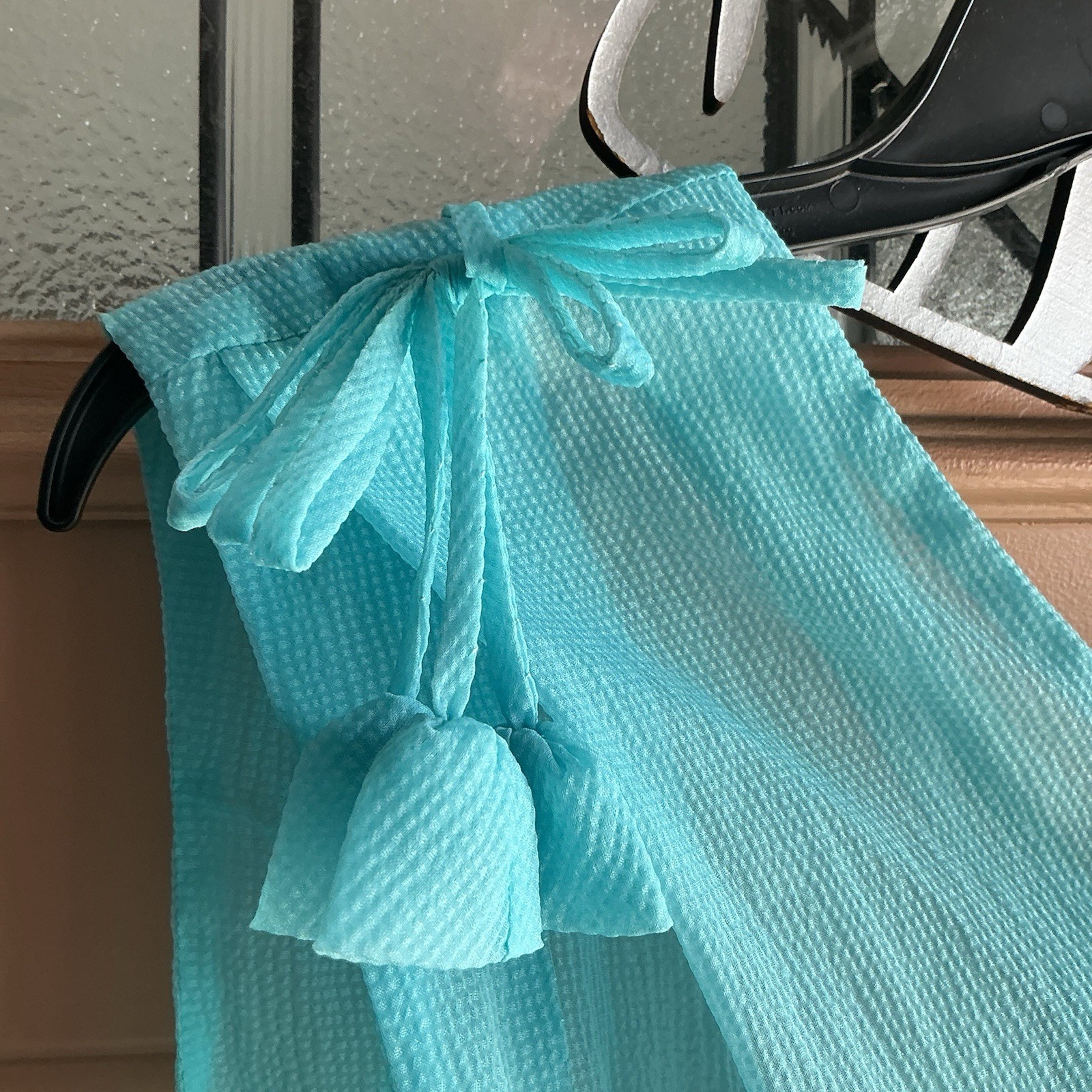 Vintage Handmade Aqua Blue Chiffon Midi Dress Tie Shoulder Belted Boho Women’s M