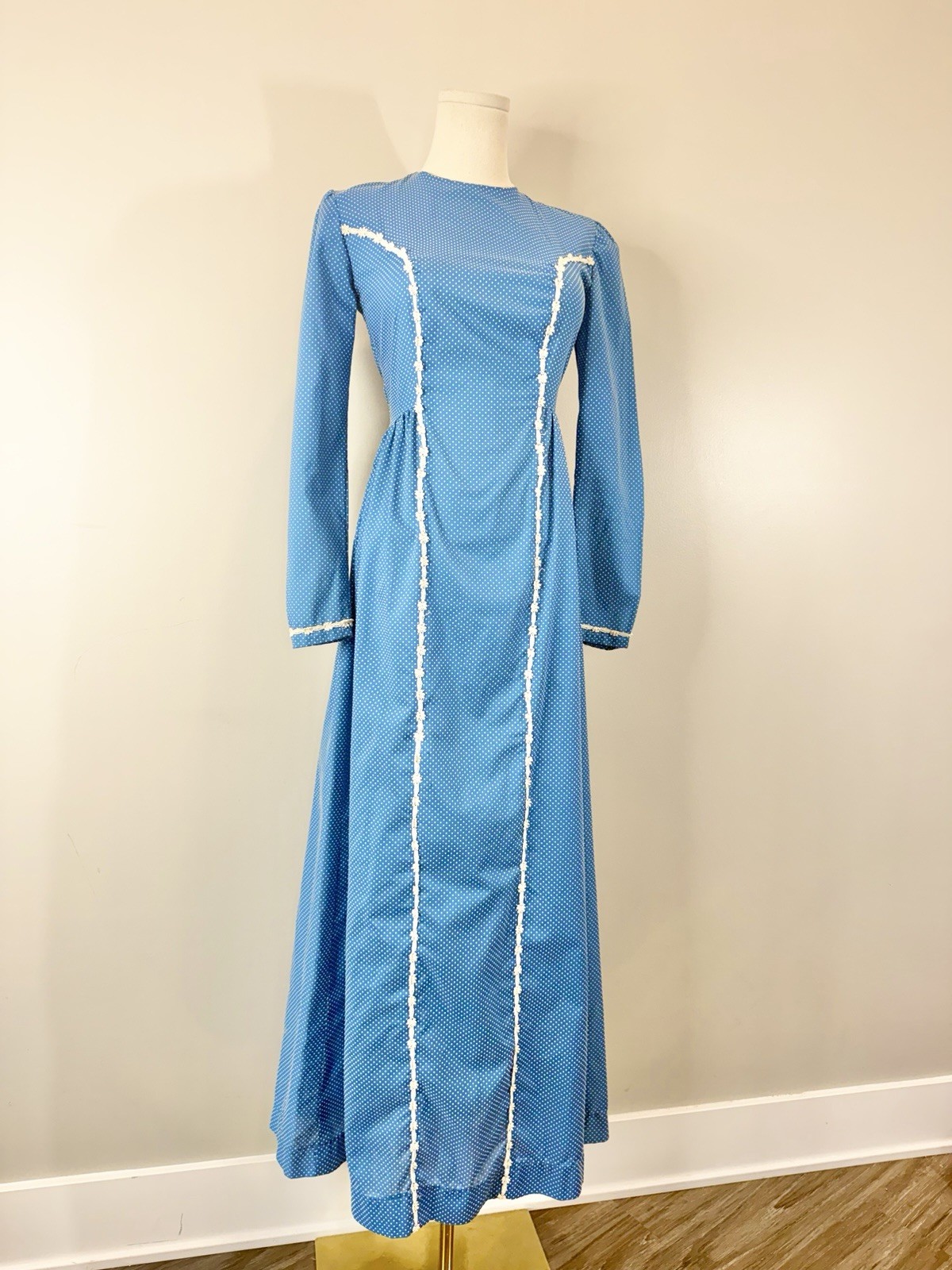 Vintage 1970s Prairie Dress Swiss Dot Cottagecore Romantic Elegant 70s Blue