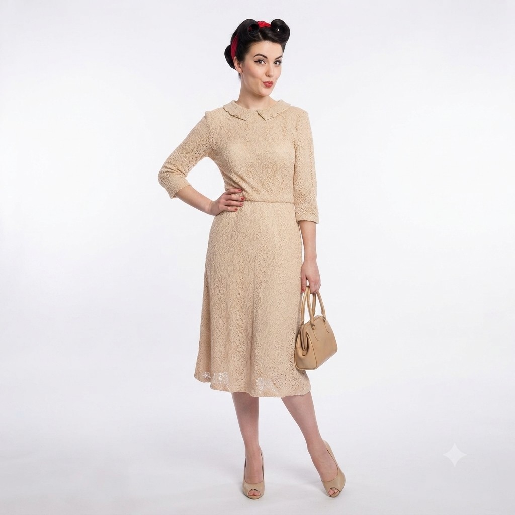 Crotchet Beige 60s Dress Ladies S Lace Wiggle Bride Hippy Boho Pinup Paul Sachs
