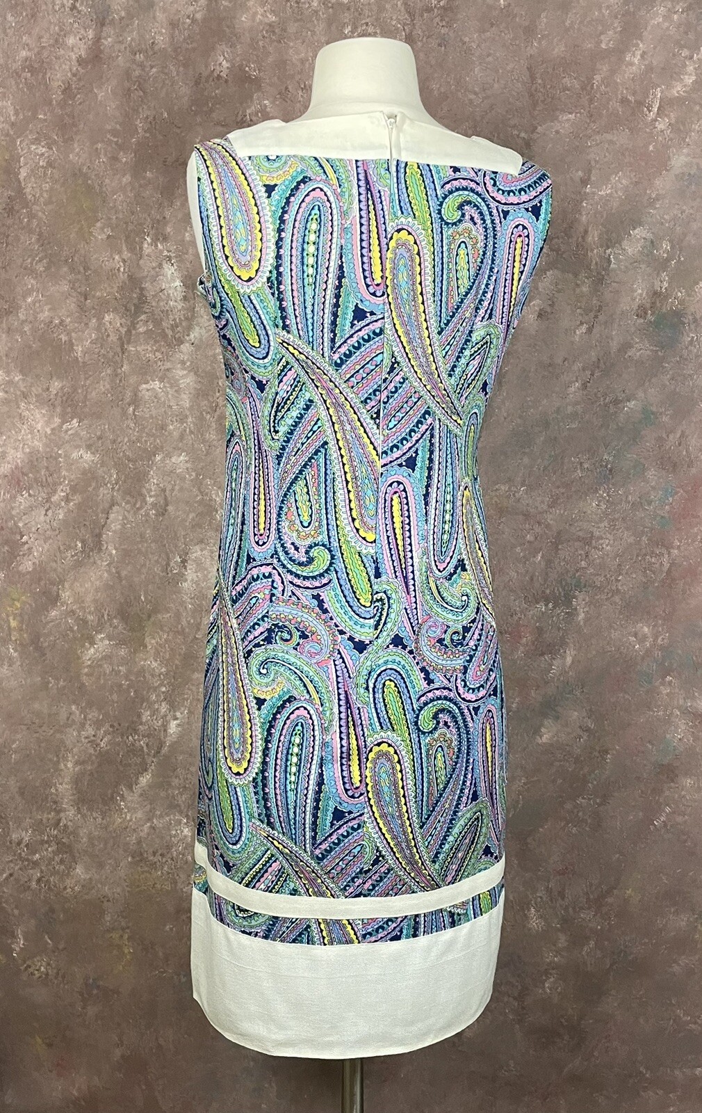 Paisley Shift Dress Vintage 1960s XS Sleeveless Blue Purple Yellow Handmade