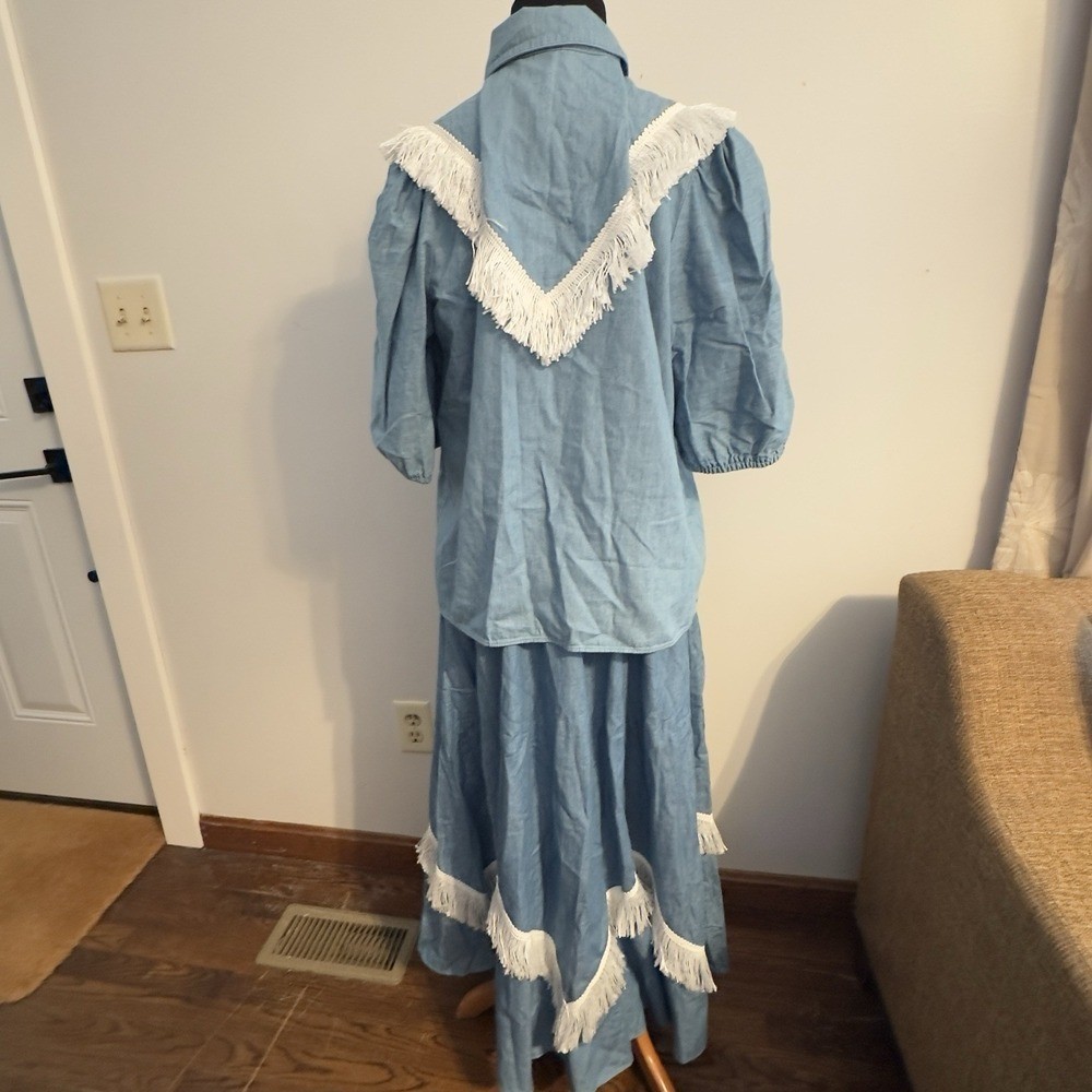 VTG PARTNERS PLEASE MALCO MODES Square Dance Western Fringe Denim Shirt Skirt LG