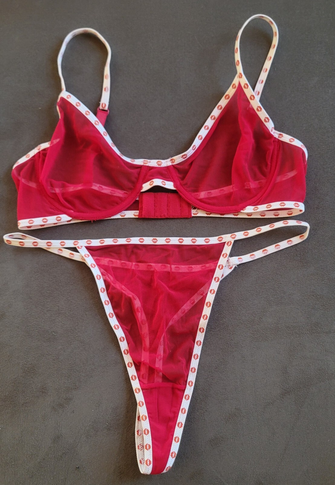 Vintage Sheer Red with Red Lips Trim Bra & Panty Set