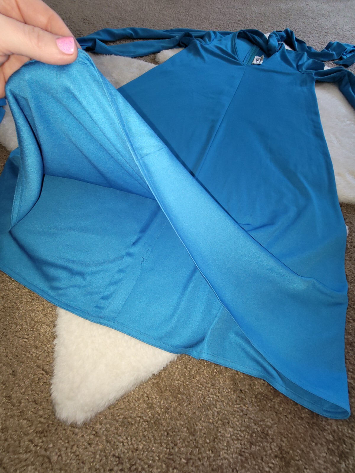 VTG MARITA by ANTHONY MUTO low cut blue day dress attached scarf 1970s European
