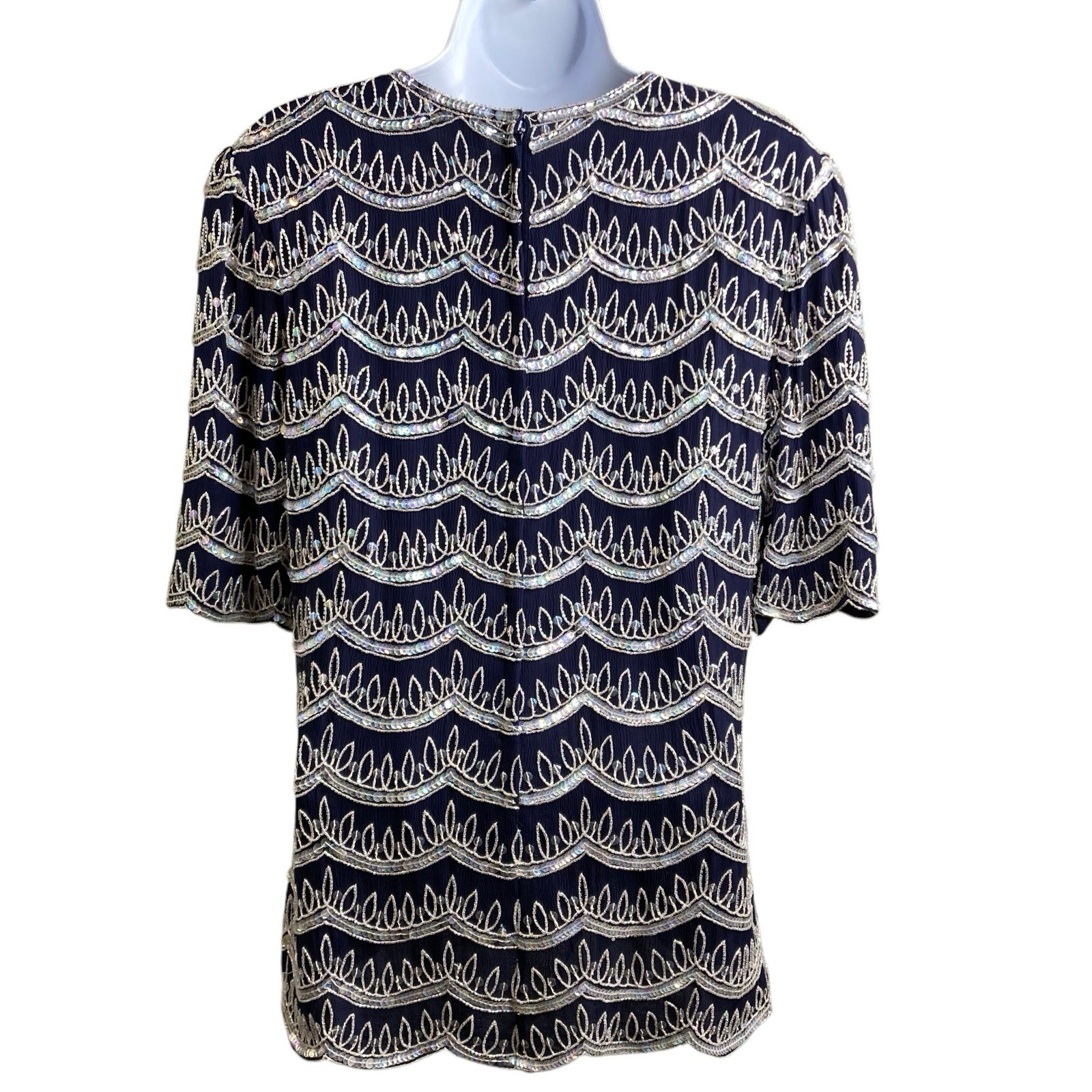 VTG 80s Frank Usher Navy 100% Silk Beaded Top Sz S Silver Sequin Evening Blouse