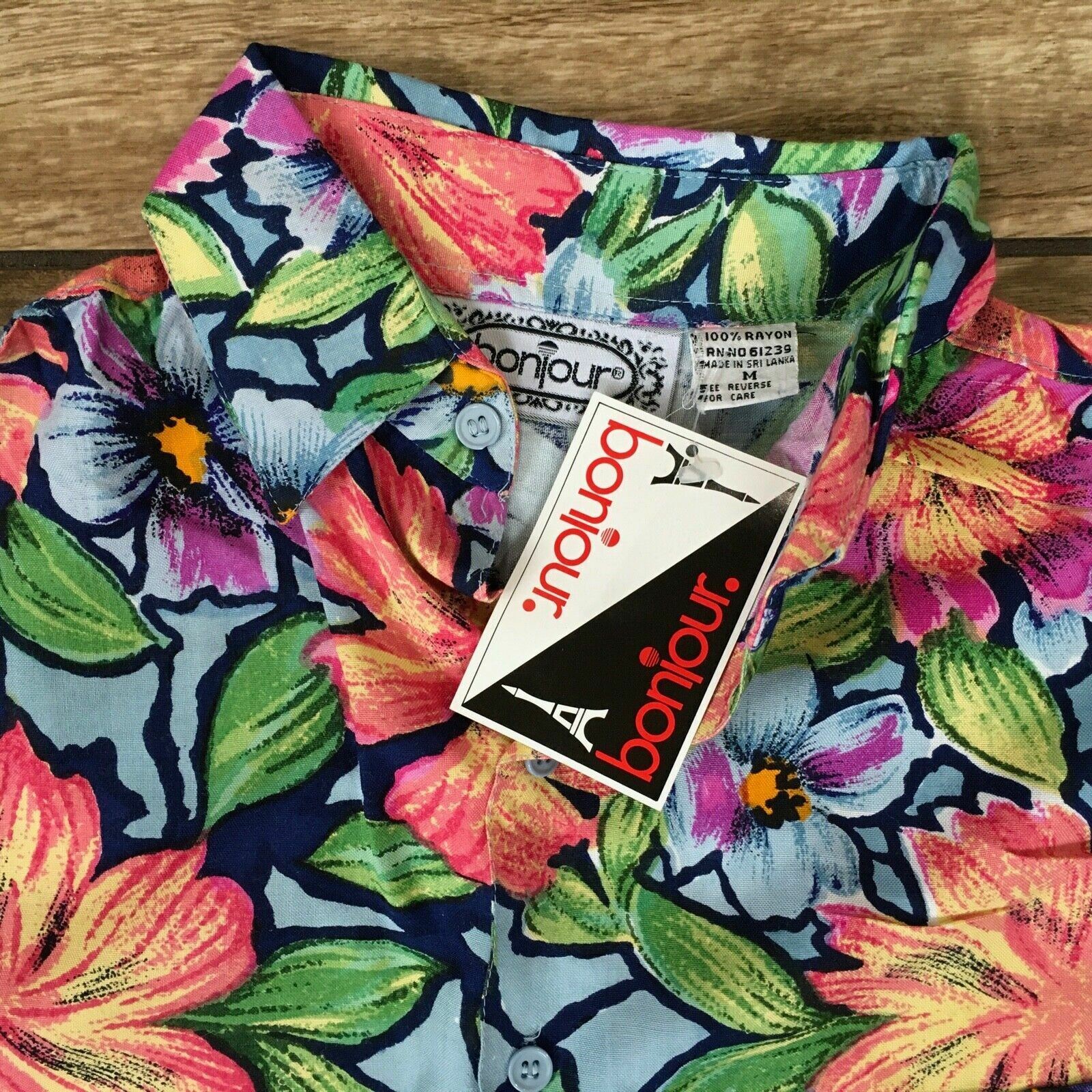 BONJOUR Vintage 90s Floral Flower Blouse Oversize Shirt Button Down Size M NOS