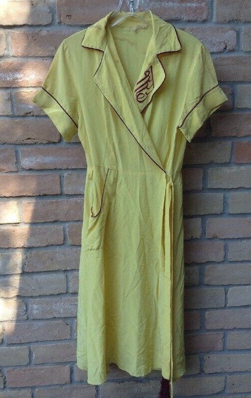 VTG 40s Yellow Dress Sz S ?27″W Theater Study Costume DAMAGE STAINS