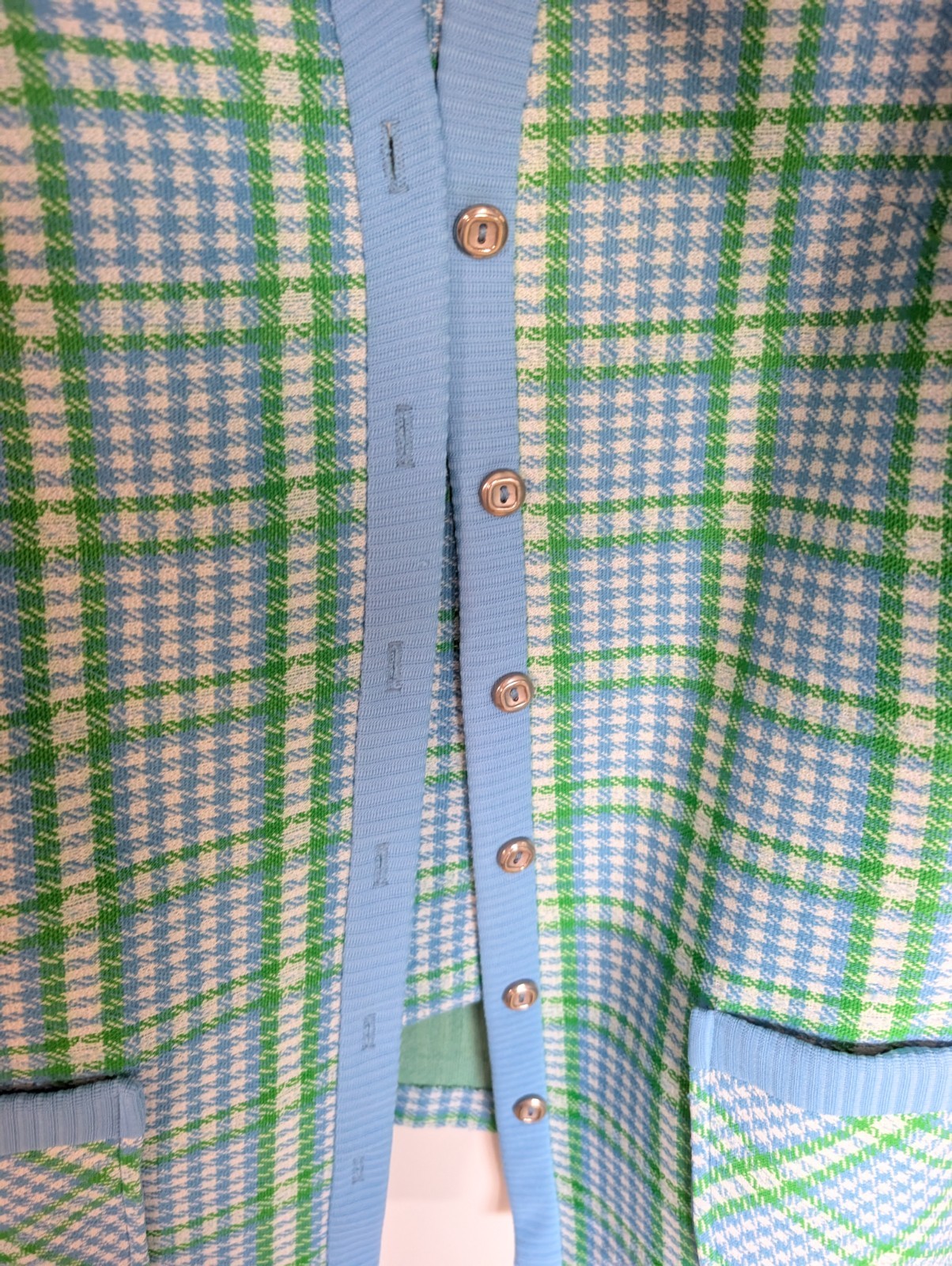 Vintage 1970s Marty Gutmacher blazer green blue plaid polyester knit Encron
