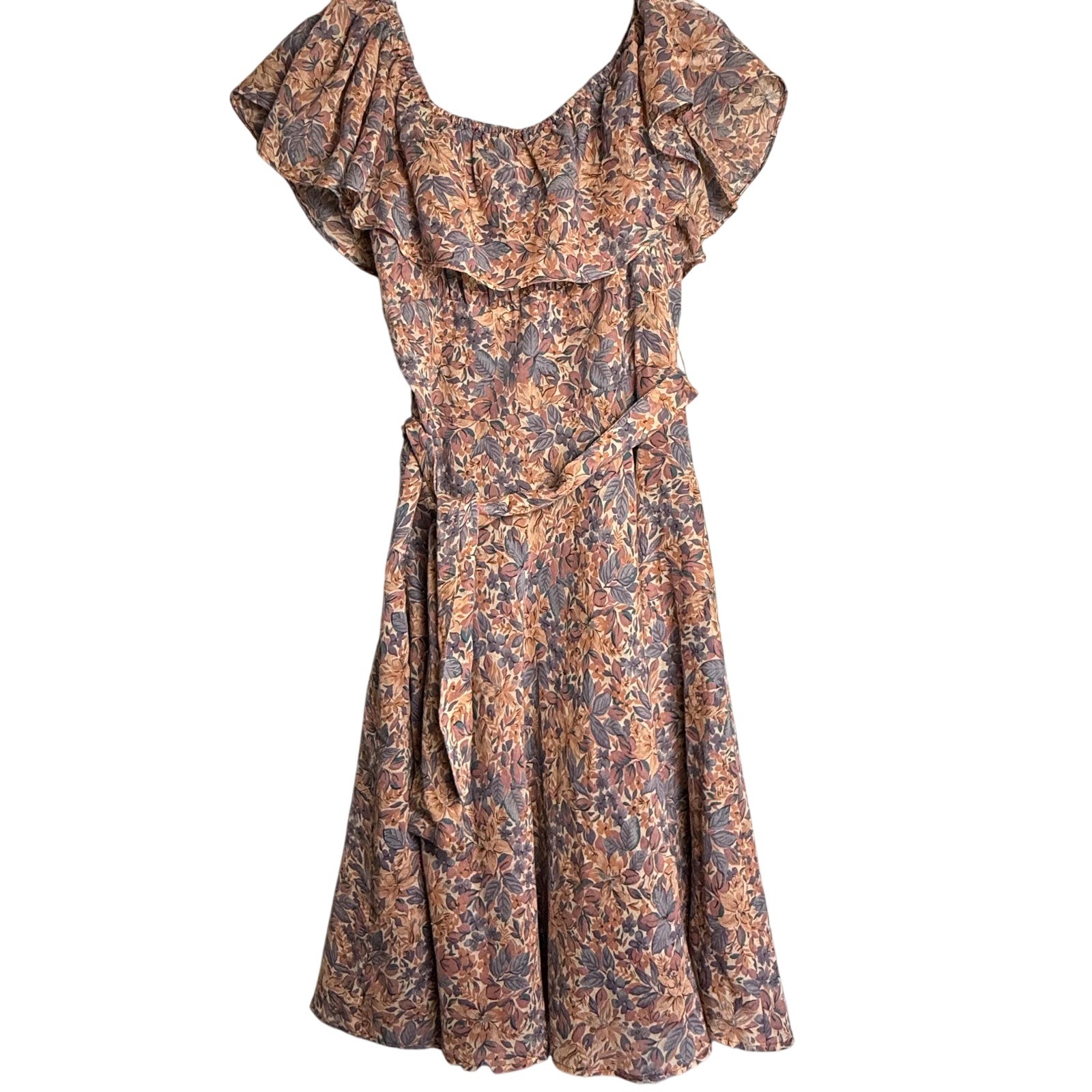 Vintage 70s Samuel Blue Floral Brown Ruffle Midi Dress Small Cottagecore Boho