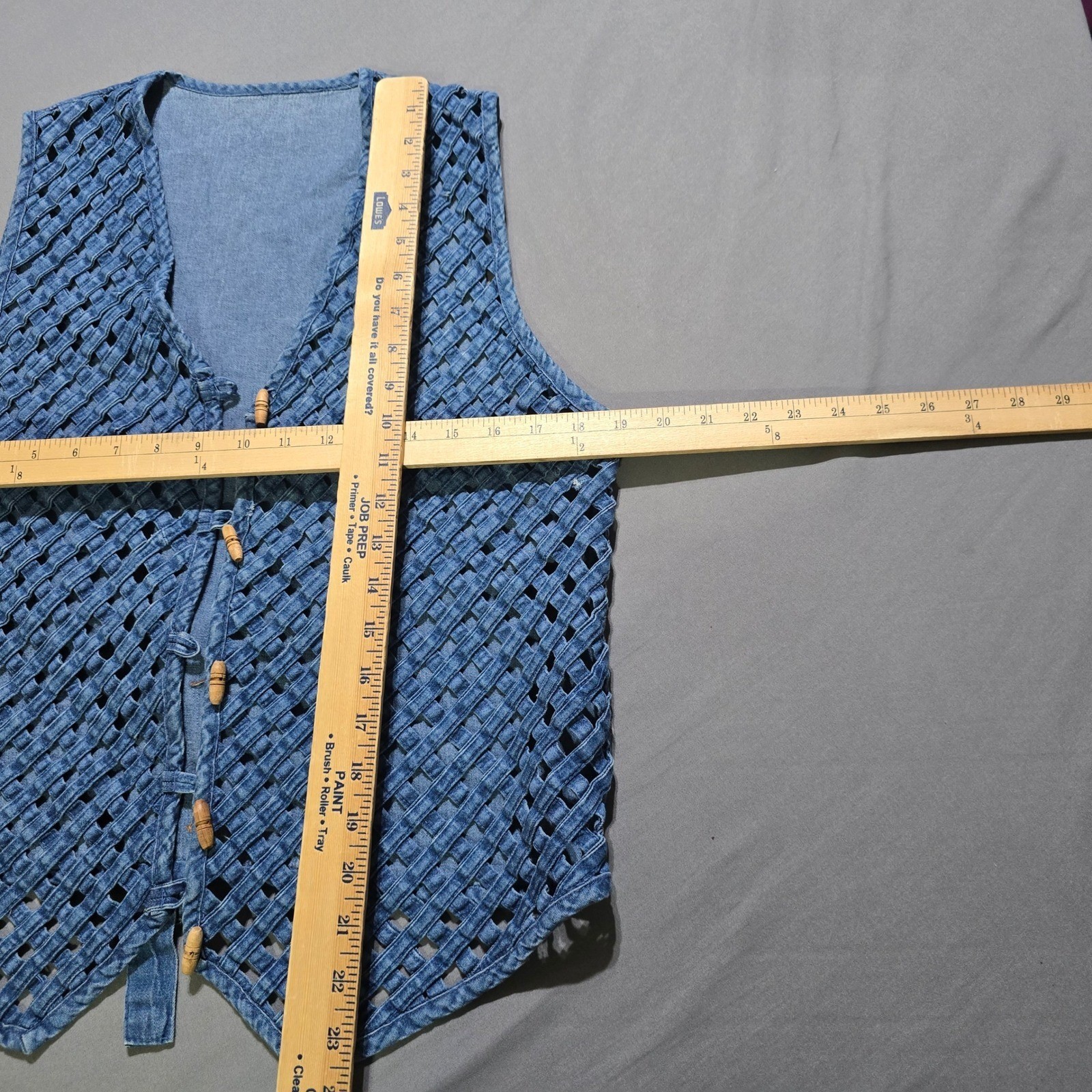 Vintage Woven Lattice Denim Vest Wood Toggle Button Boho Cowgirl Cottagecore M