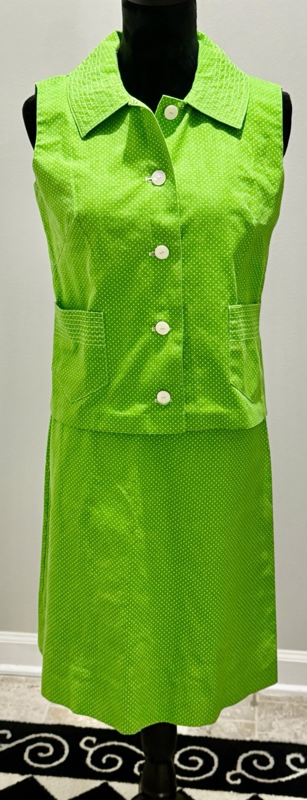 Vintage 1970s Women’s Heavy Cotton Green & White Polka Dot 2 Piece Top/Skirt