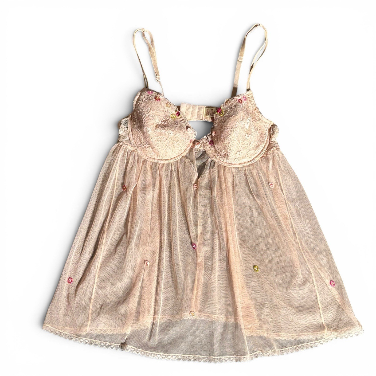 Vintage Y2K Nature Intimates Ivory Lace Sheer Babydoll Chemise 36C Embroidered