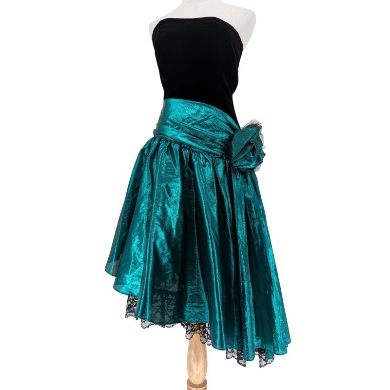 Vintage 80s Strapless Prom Dresses Teal Black Velvet Metallic Bow Glam Gowns