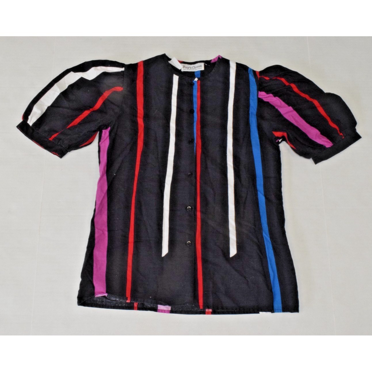 Vintage Top Fays Closet Size S 80s Colorful Asymmetrical Stripes Puff Sleeve