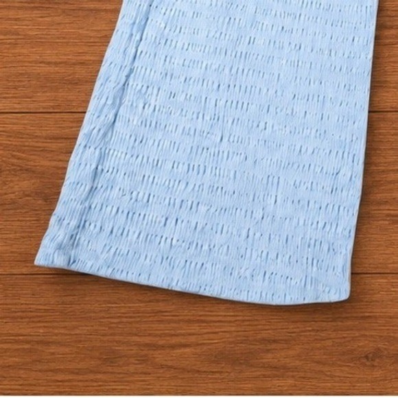 Grandmacore Textured Wide Leg Pull On Pants Light Blue Crinkle High Rise Vintage