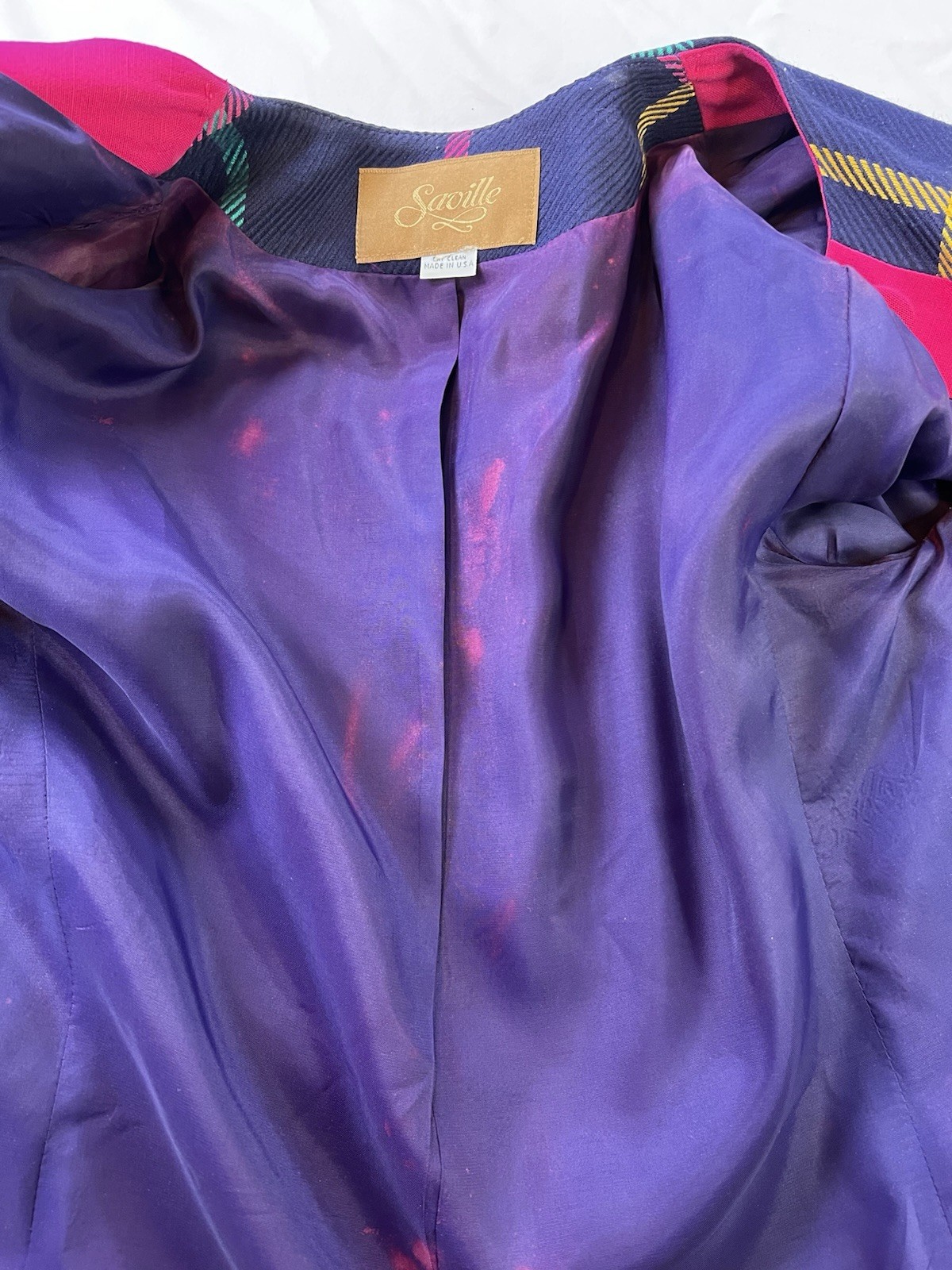 Vintage 80’s Saville Lined Jacket Blazer Tartan Plaid Blue Pink Sz 12 Large