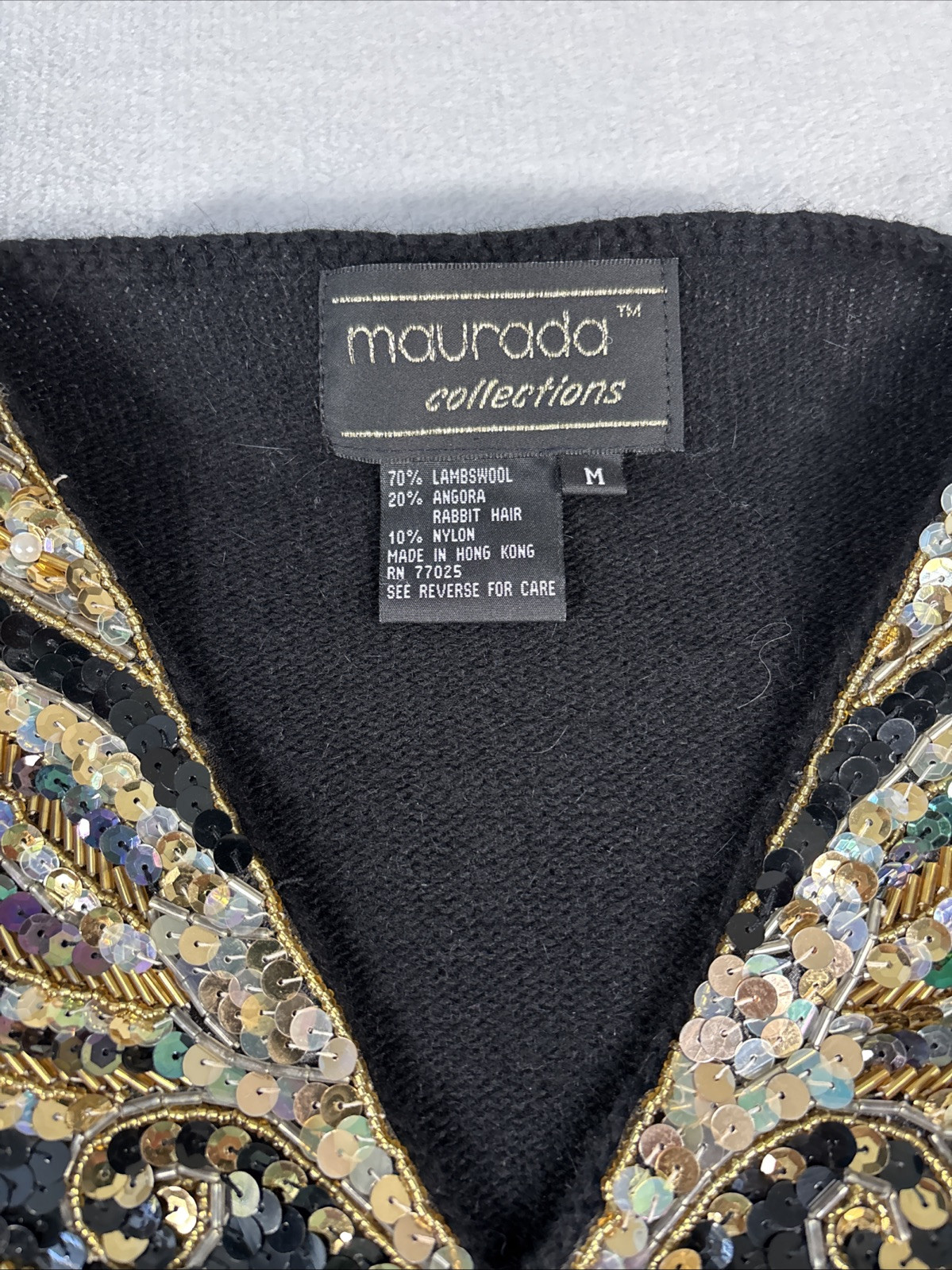 Vintage Angora Lambswool Sweater Womens M Black Gold Sequin Beaded 80s Glam