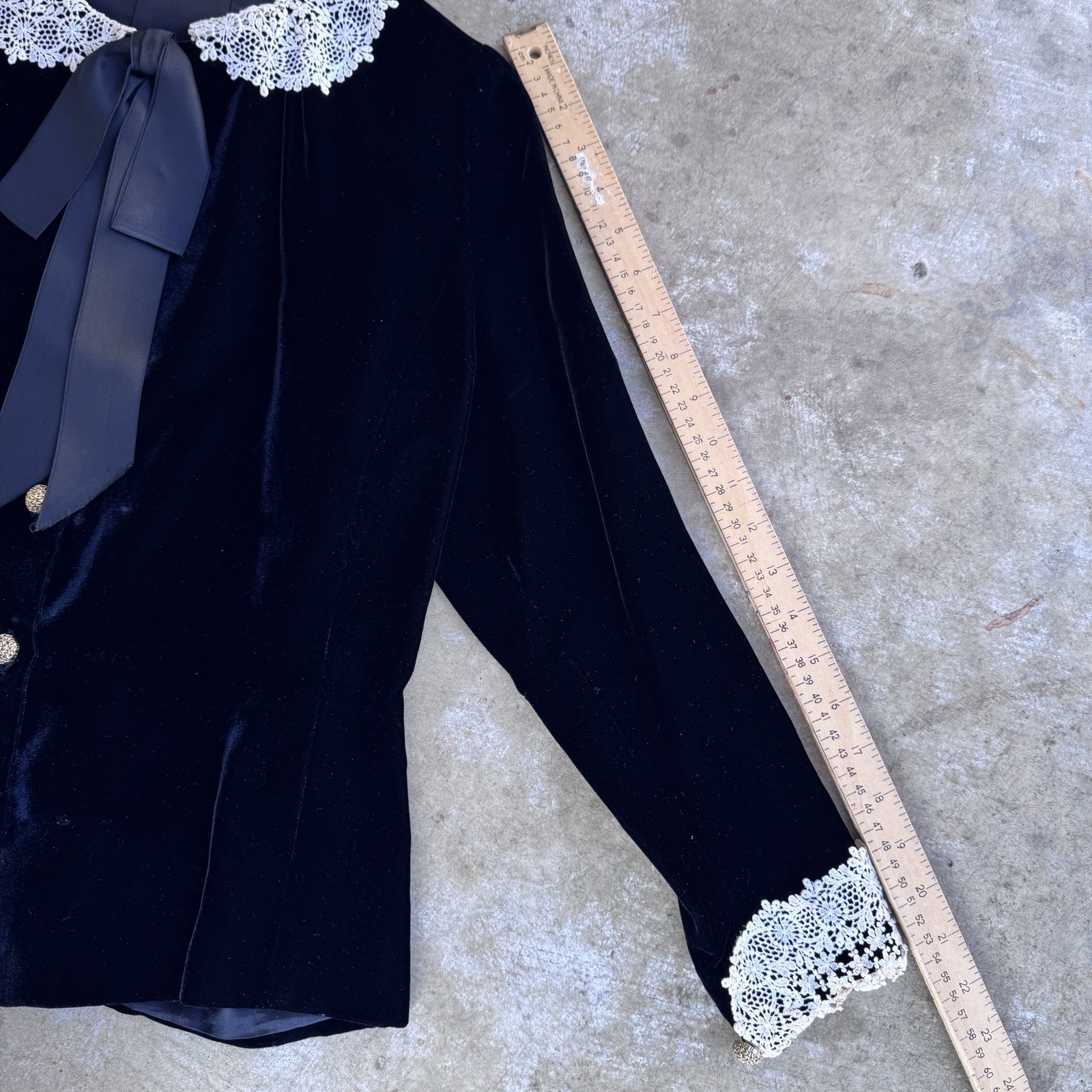 Vtg 80s Celine Velvet Blouse Lace Peter Pan Collar Jacket Tie Ribbon Silk Paris