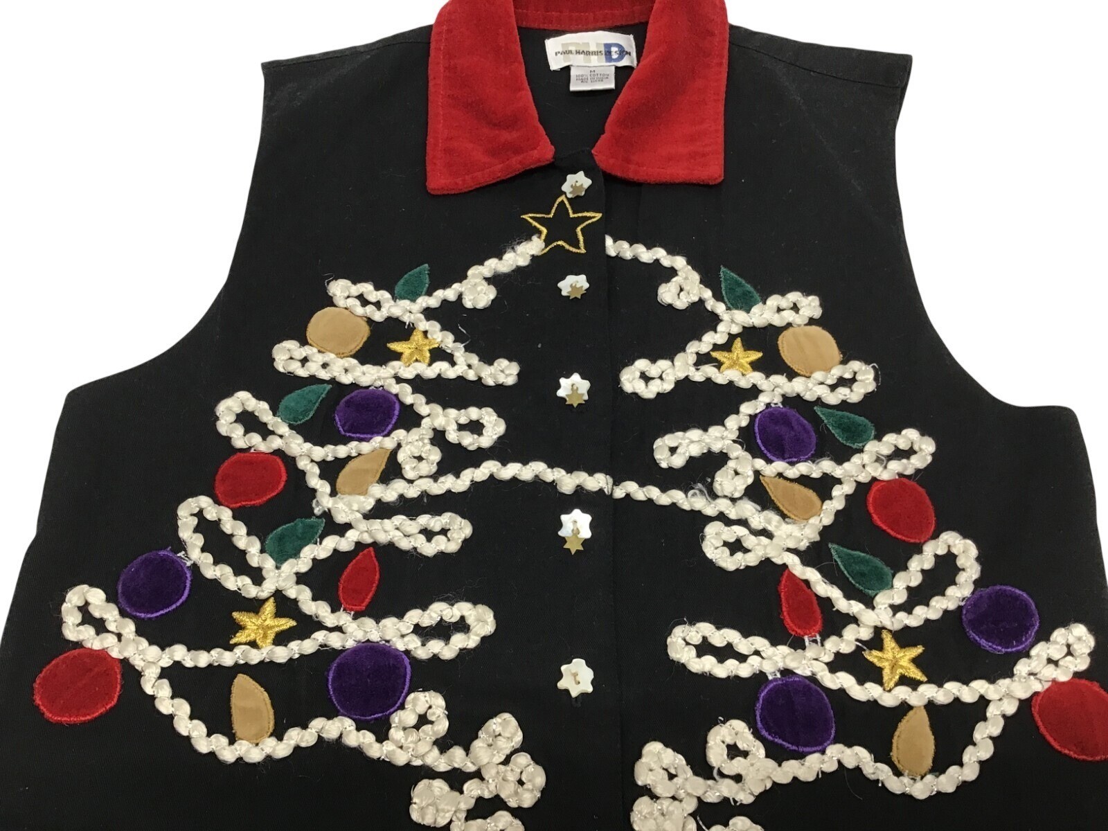 Paul Harris Design Vintage Velveteen Collared Embroidered Christmas Tree Vest