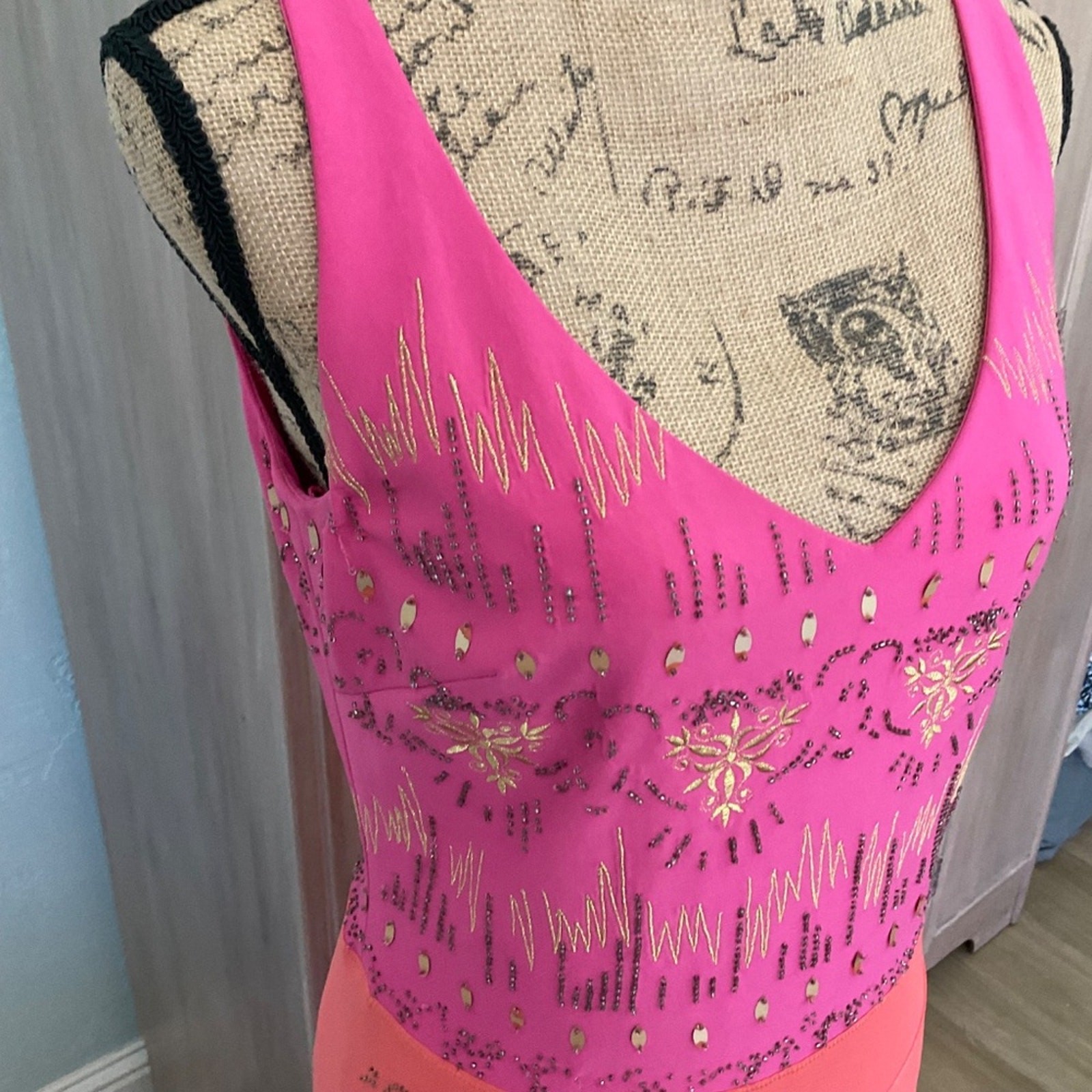 Vtg 90s Y2K Christyne Forti pink orange Gold Beaded embellished bias maxi dress