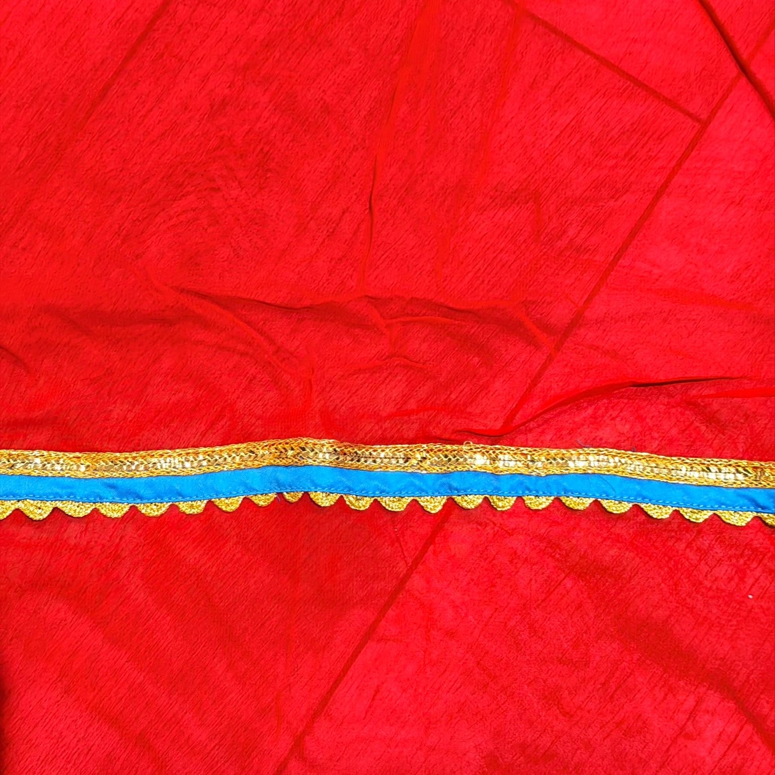 Red Dupatta Shawl Scarf Gold Blue Trim Ethnic Wear Festival