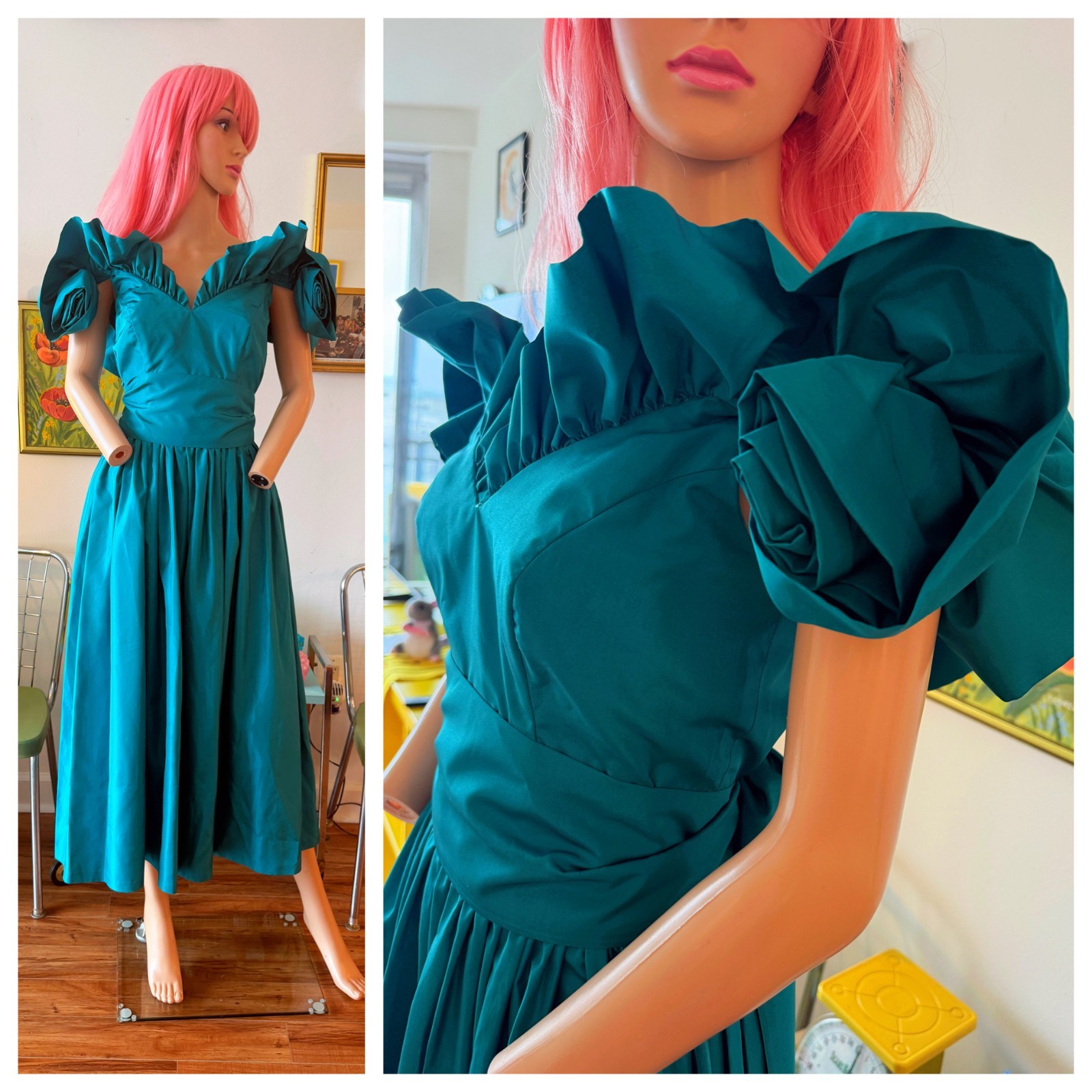 🌹 Vtg 80s Emerald Green Satin Princess Dress Puff Sleeve Rosette Prom Gown S M