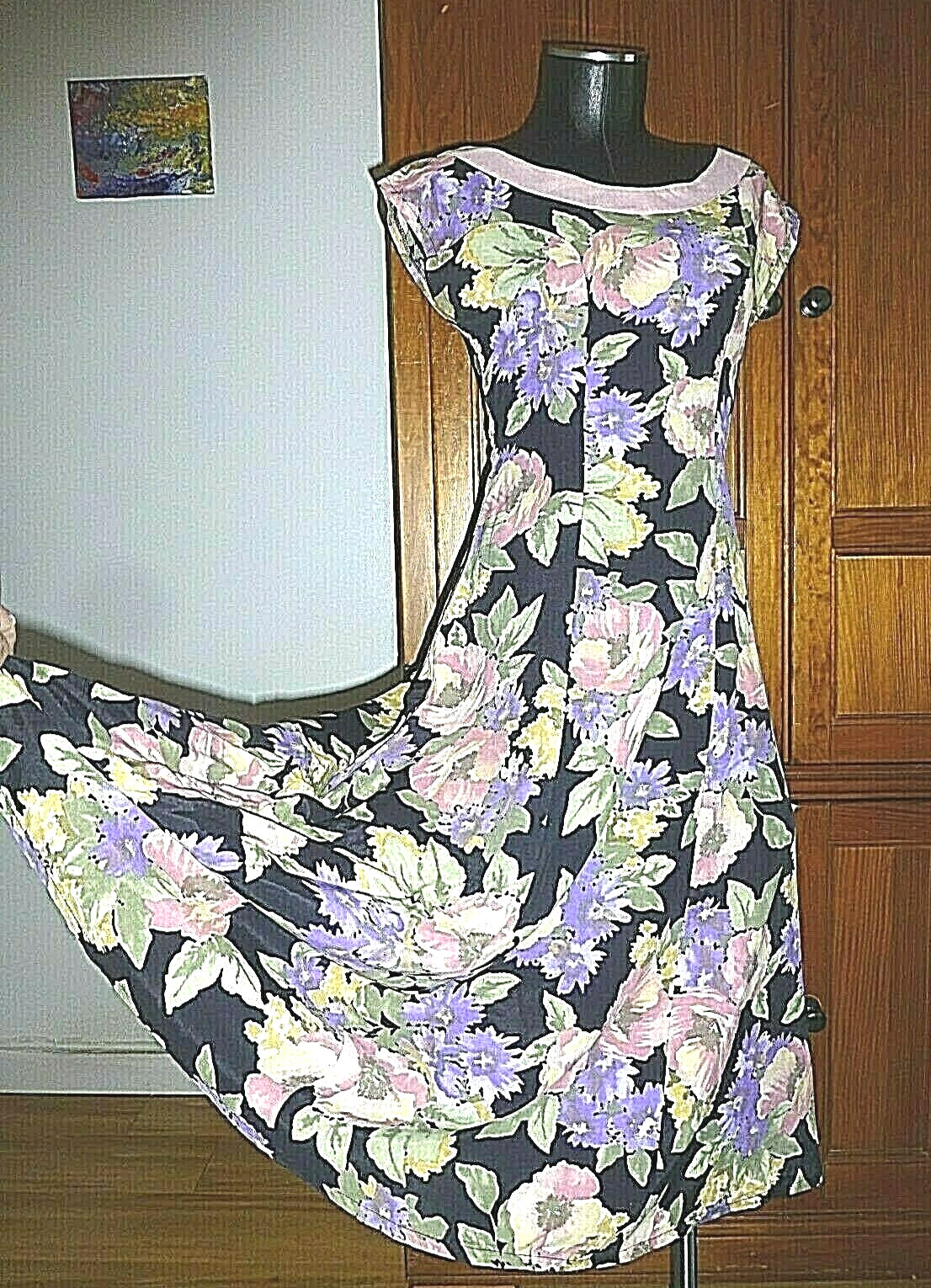 Vtg 80s French Country BoHo Floral Print Garden Party Bow Belt midi DRESS S M