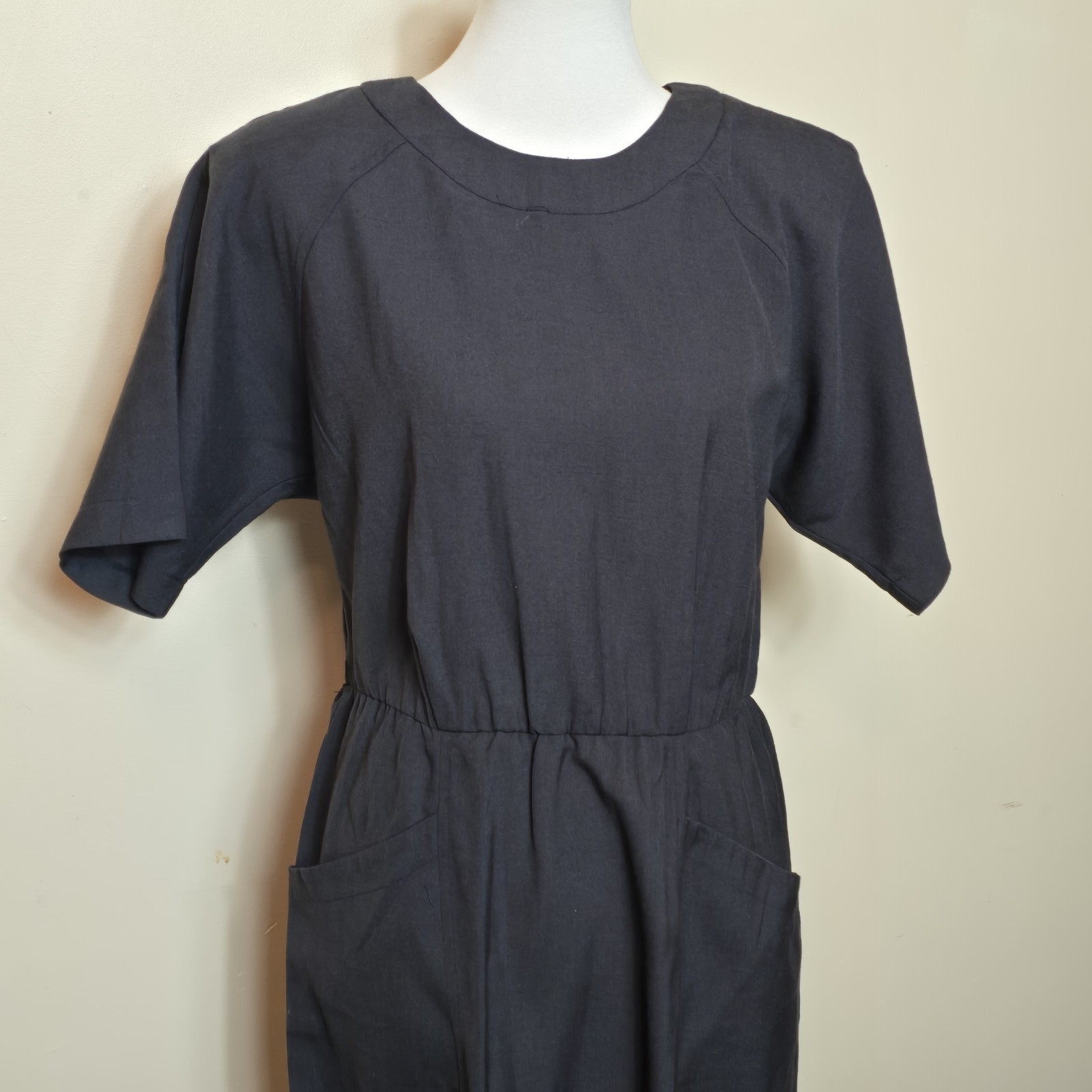 Vtg. Willi Of California Black Dress 16 Pockets Gathered Waist 80’s Corporate