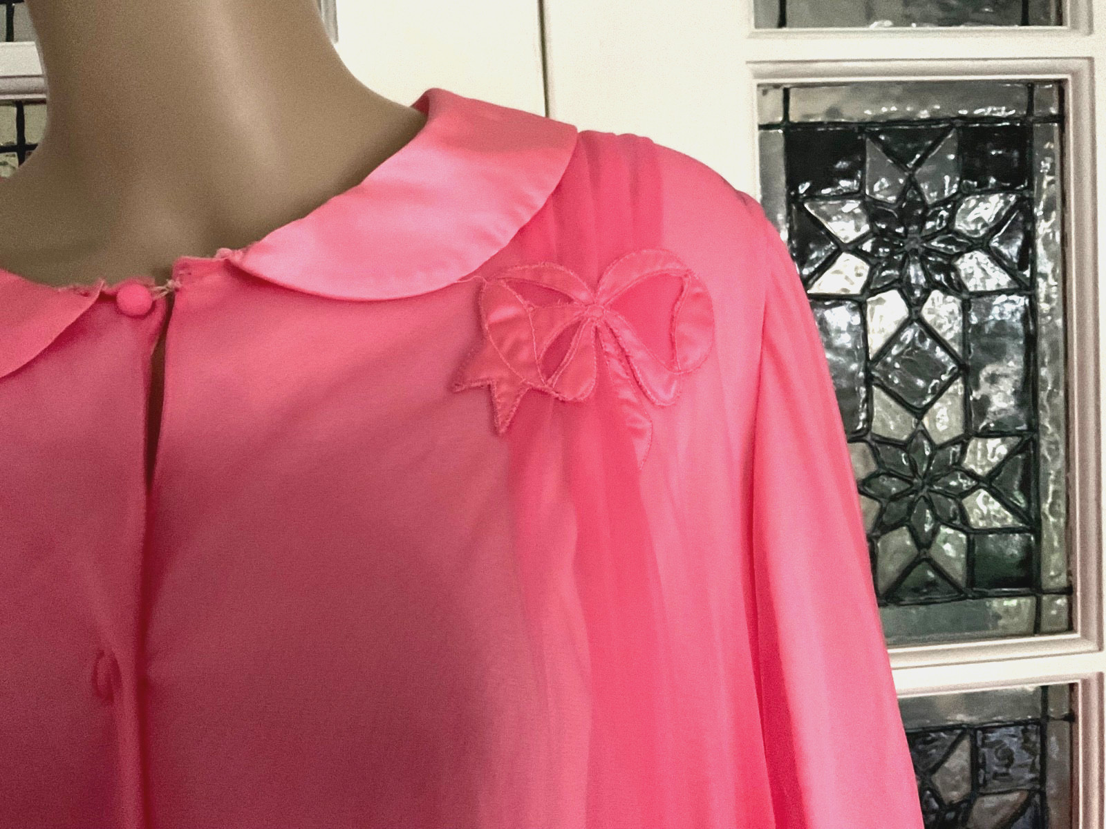 Vintage Robe Dressing Gown Double Layer Sheer Pink Nylon Chiffon Peignoir Robe M
