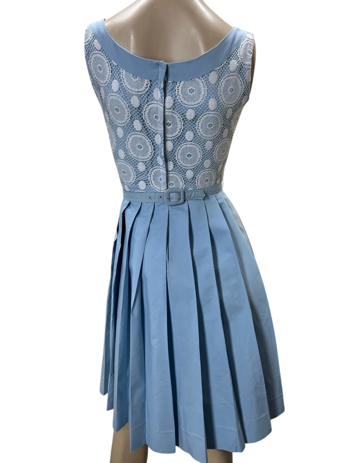 EUC Vtg 60s XS Mar Tee Day Dress Blue Knife Pleat Skirt Atomic White Lace Belted