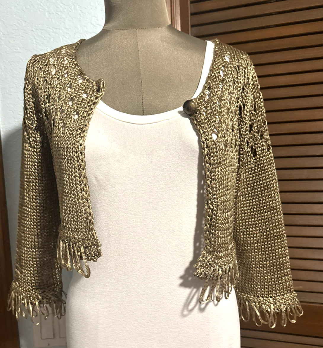 Rinascimento Crocheted Knit Cardigan Jacket Cropped Italian Gold Giacca Size M