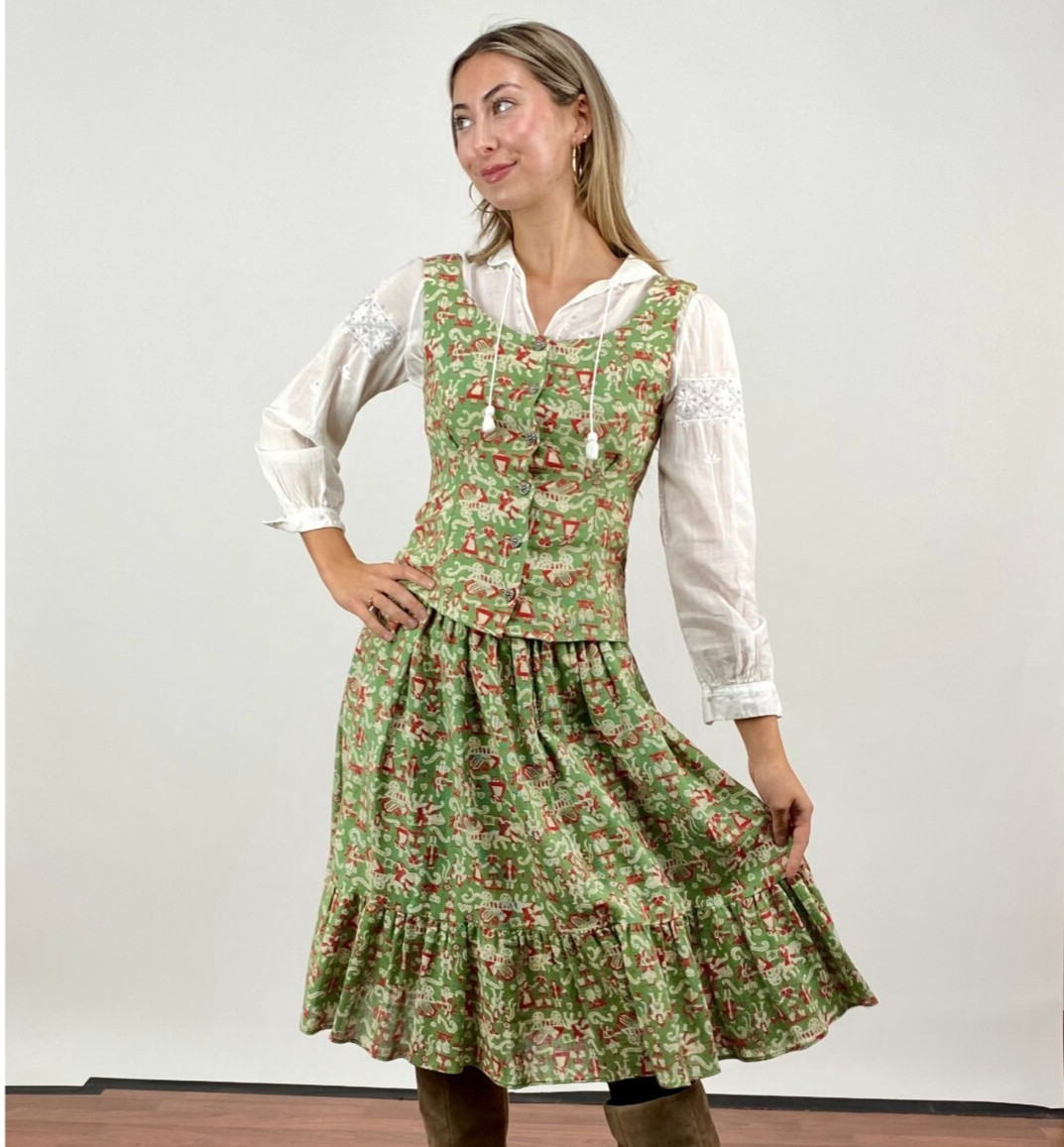 Vintage 1960s Designer Greta Plattry Novelty Folk Print Skirt & Top Green Red