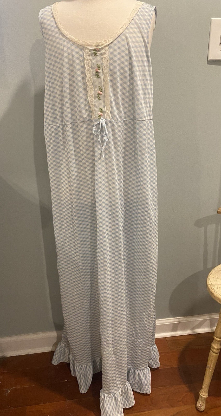VTG Radcliffe Gingham Blue White Nightgown MED Fairycore CottageCore Granny Maxi