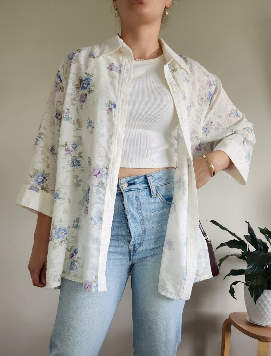 EUREKA Vintage White and Floral Button Up Shirt (Fits Size 10-14)