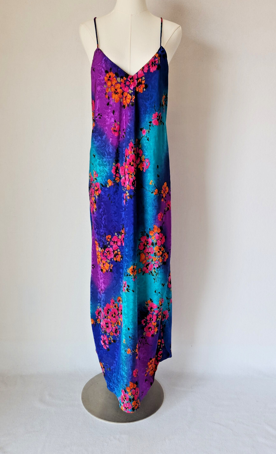 Vintage Y2K Circa 2000 USA Floral Satin Maxi Slip Dress Straps Multicolor Sz.M