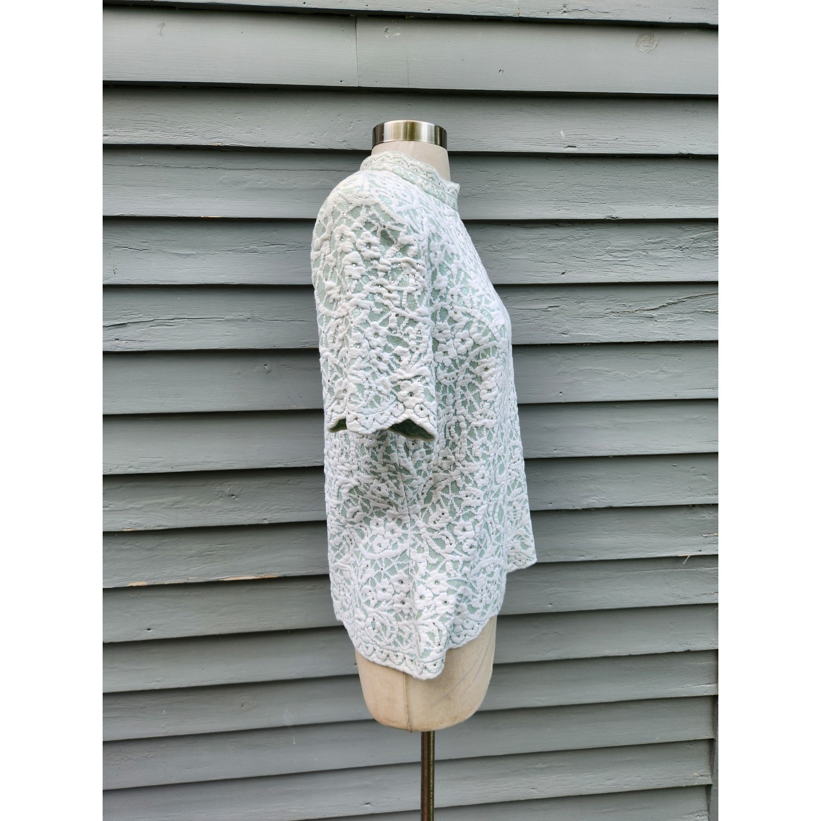 Vintage 90s St John Evening Knit Top Mint Green White Lace Sequin Rhinestone 12