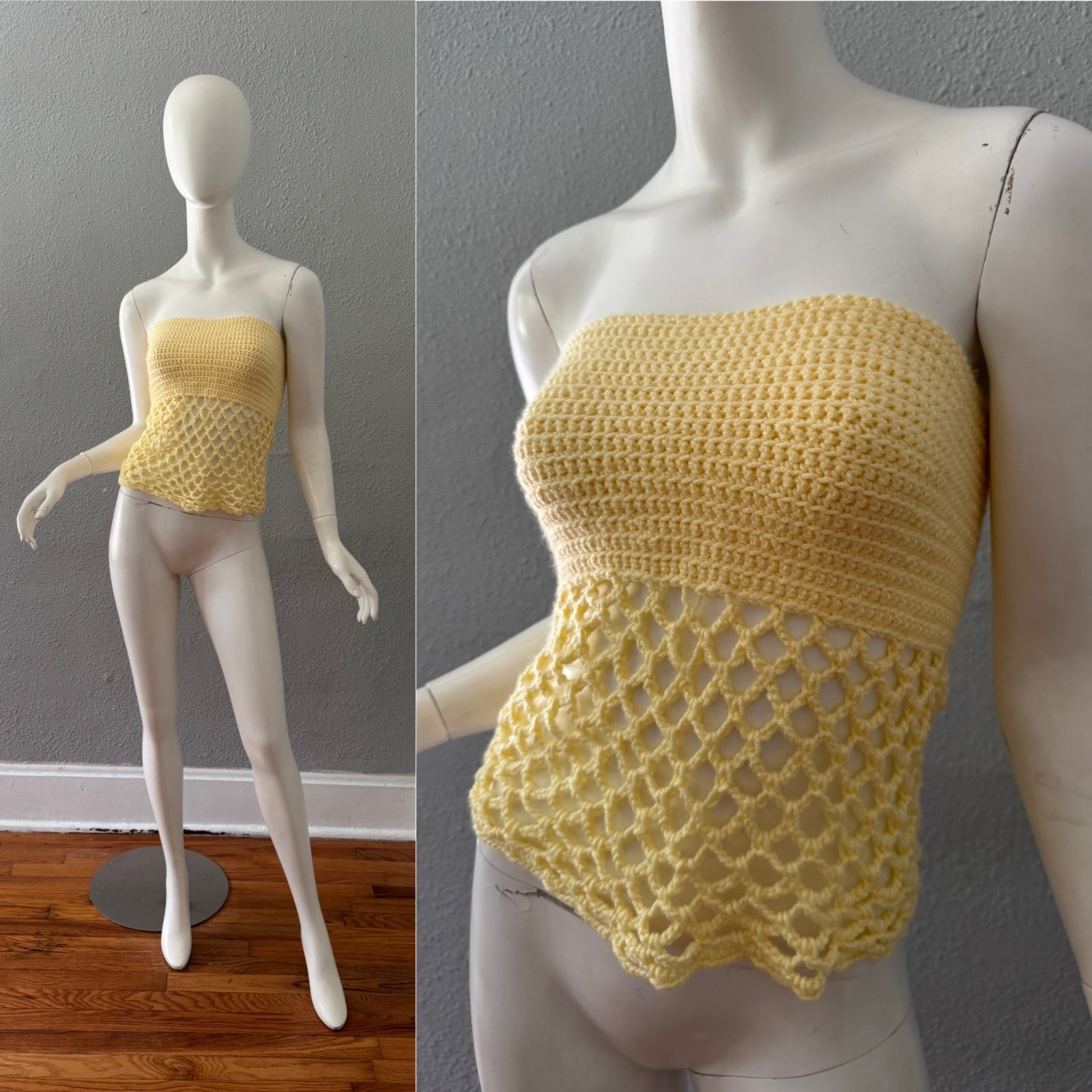 Vintage 70s Yellow Strapless HAND KNIT Hippie Tube Top Blouse XS/S