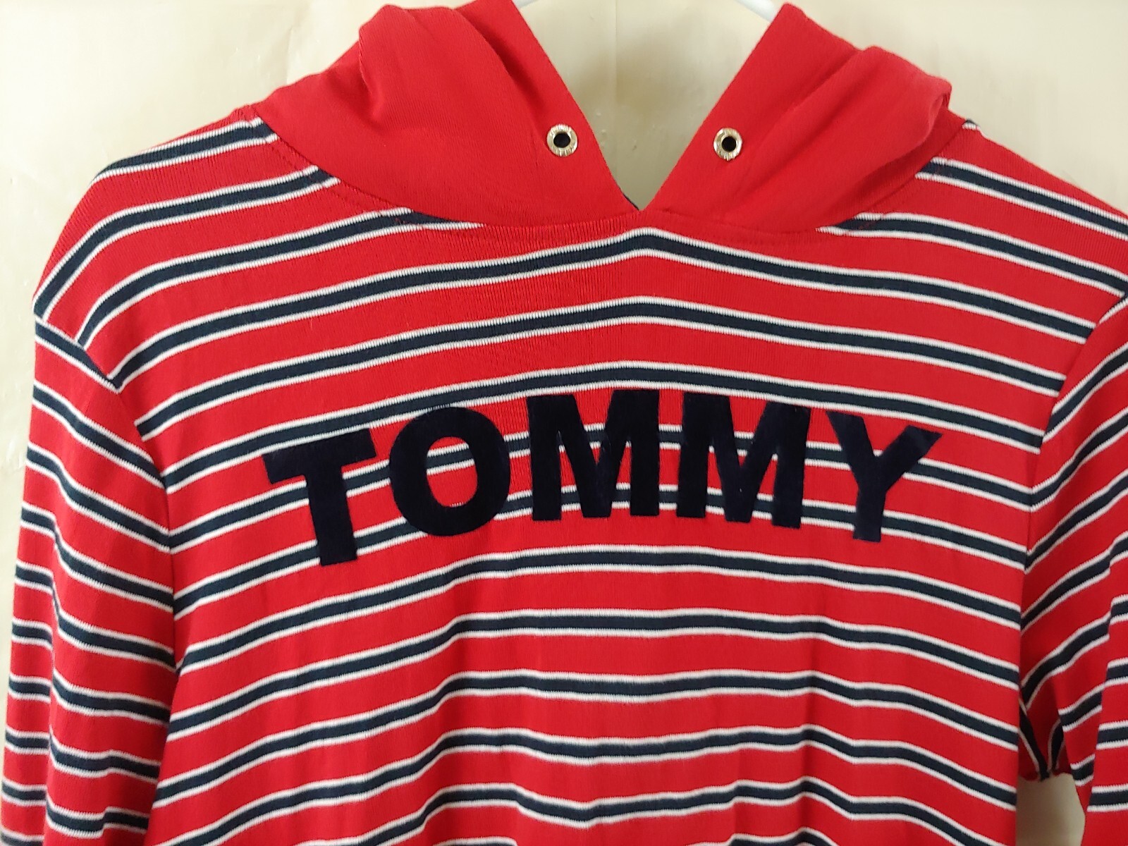 Vtg Tommy Hilfiger Dress Large Y2k Spell Out Hooded Shirt Red Striped Cotton