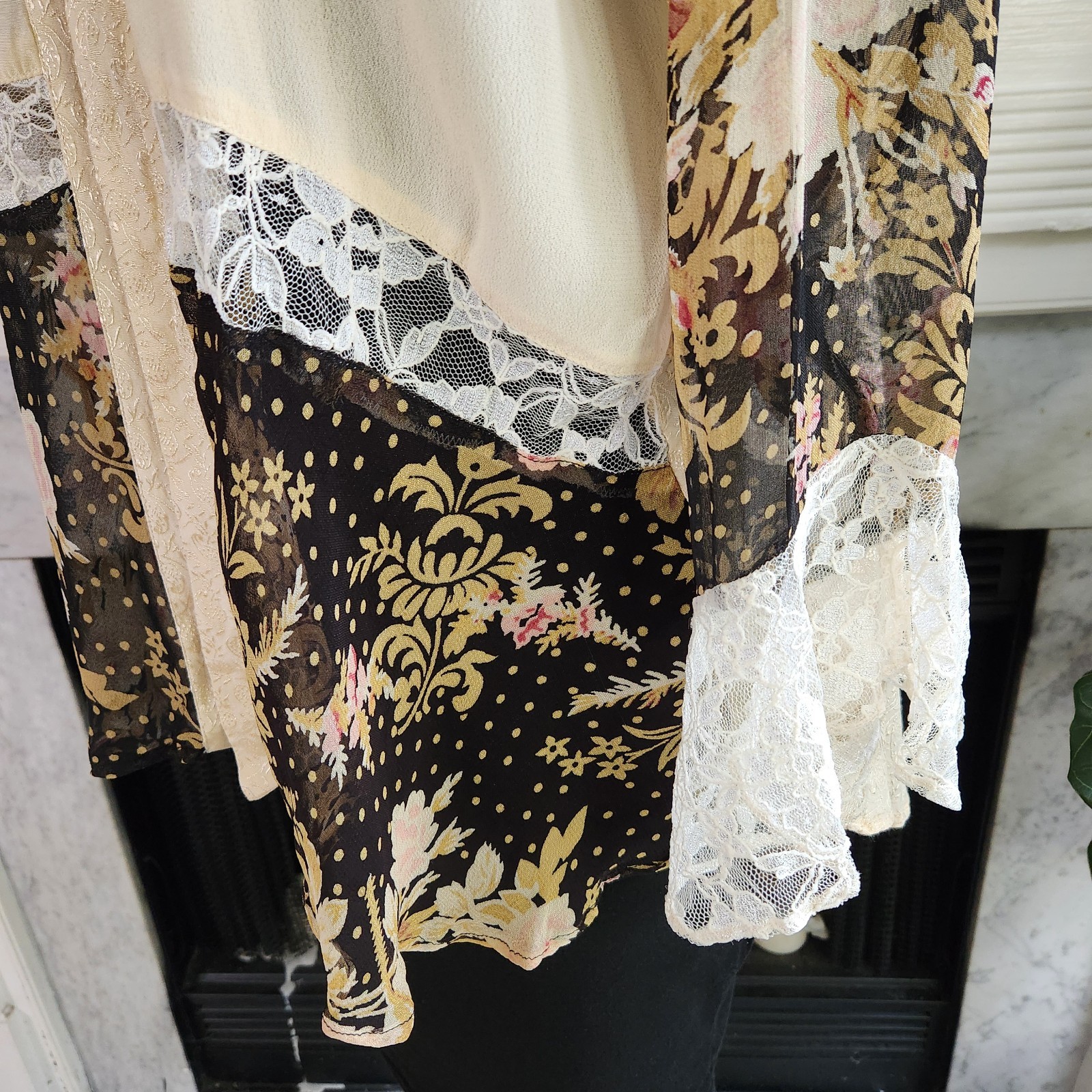 Vtg 80s Beige Patchwork Cardigan Sz 1X Jacket Jacquard Floral Boho Hippy Lace