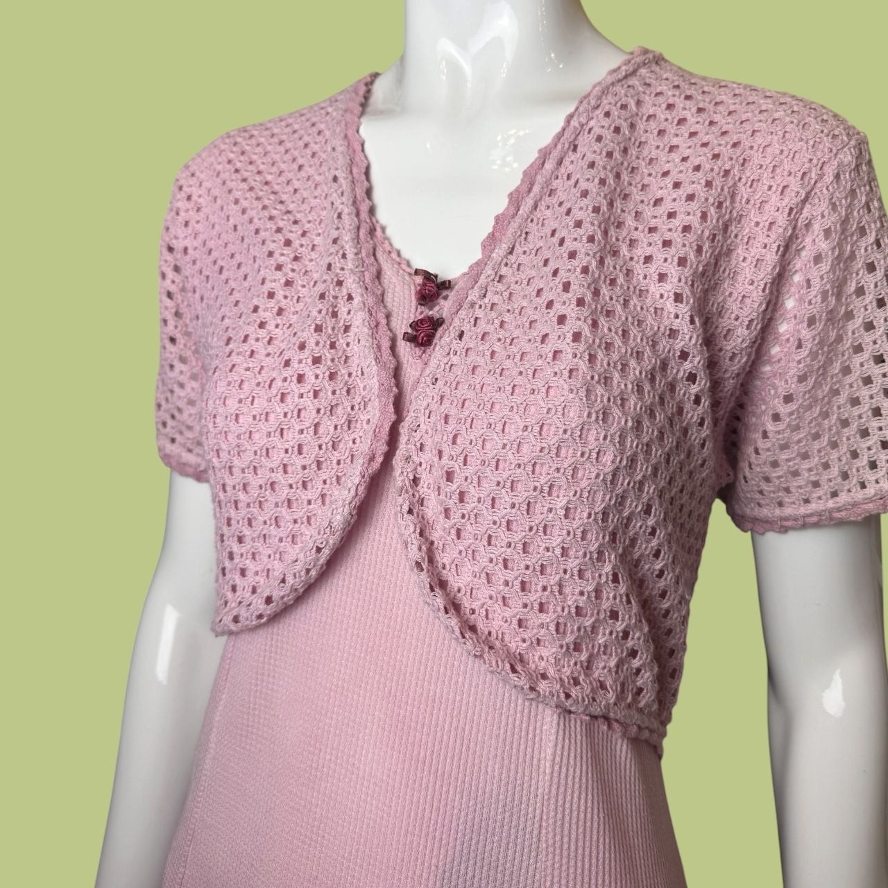 Vintage 70s 80s 90s Pink Rosette Crochet Knit Corset Dress