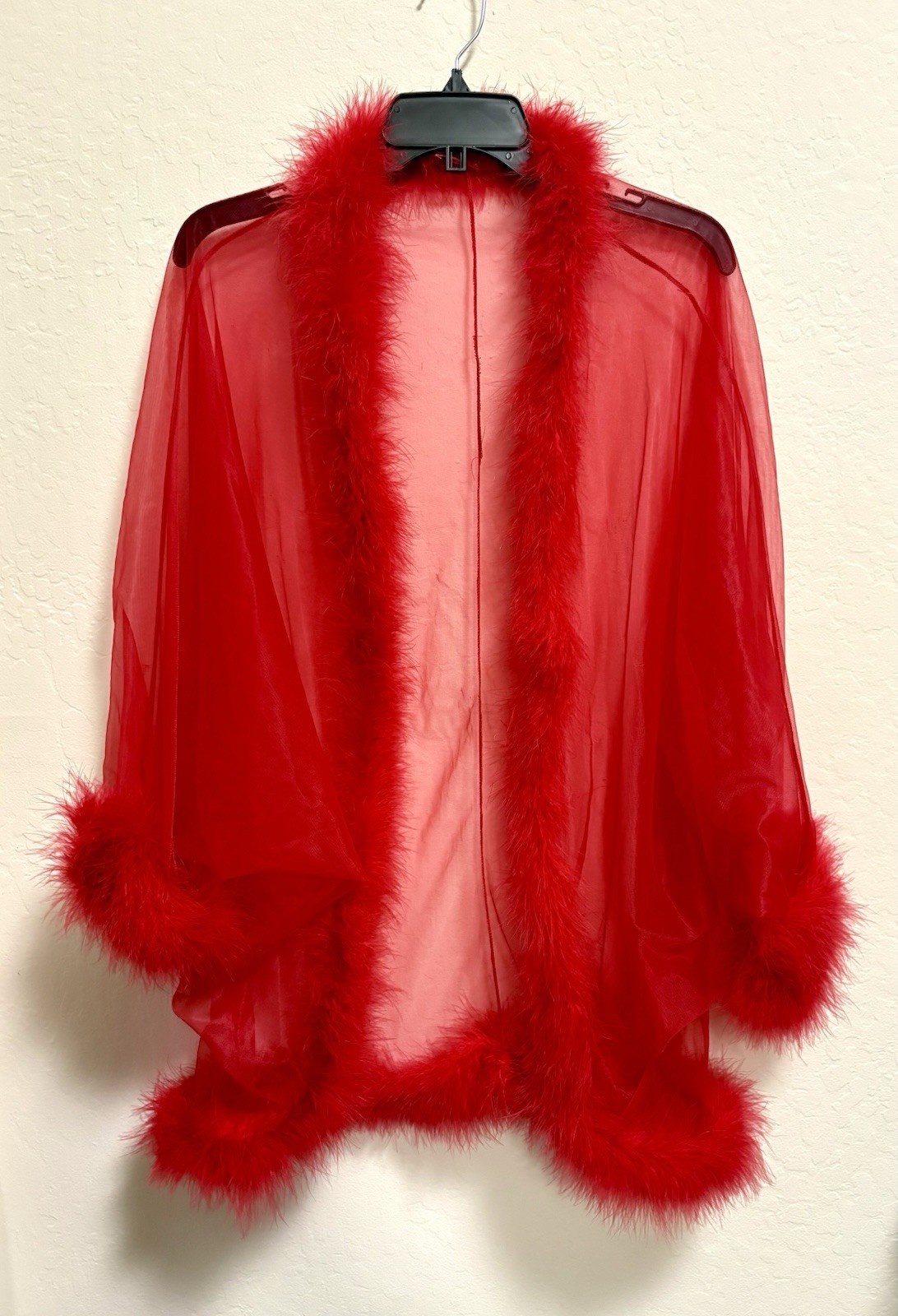 Vintage FREDERICKS of HOLLYWOOD Sheer RED Maribou Trim Robe Lingerie SEXY!