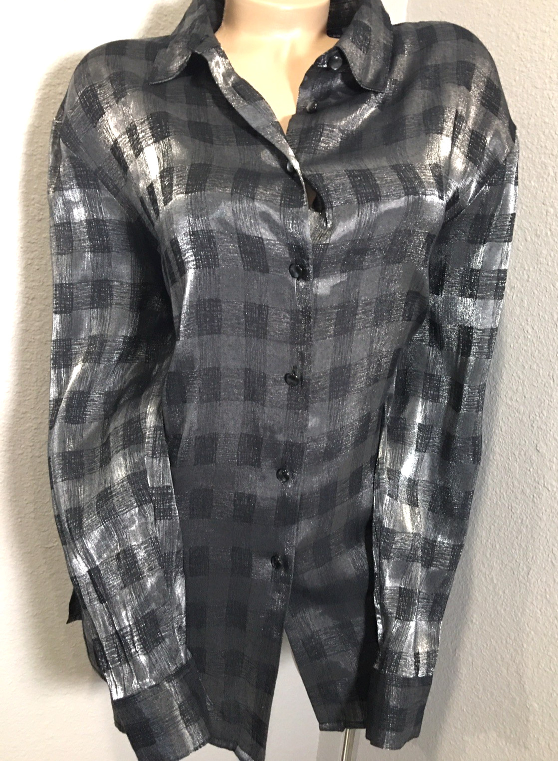 Vtg Silver Metallic Button Up Shiny Rayon Shirt Top XL