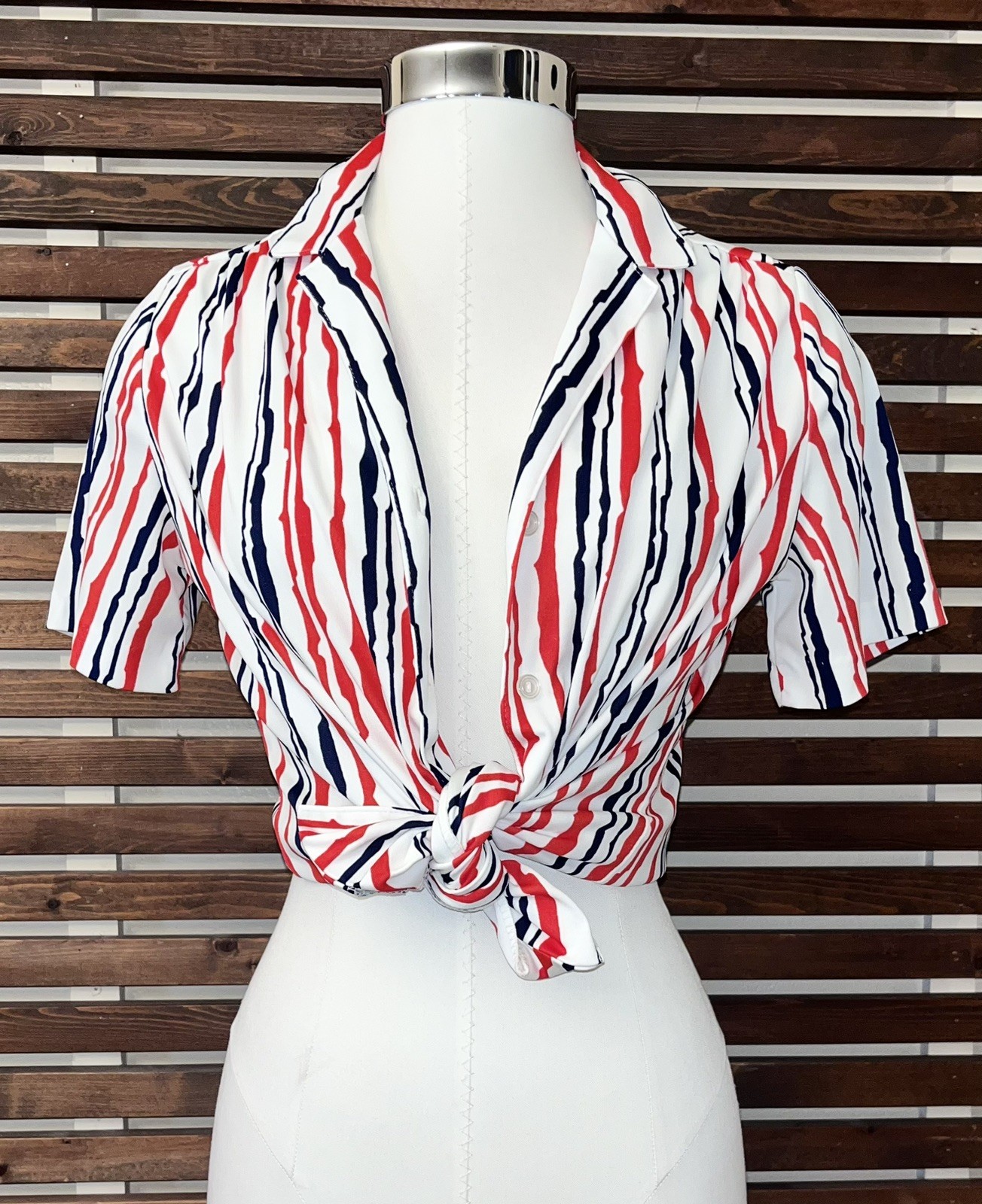 1970s 70s Vintage Red Blue White Striped Button Short Sleeve Graff Blouse Shirt