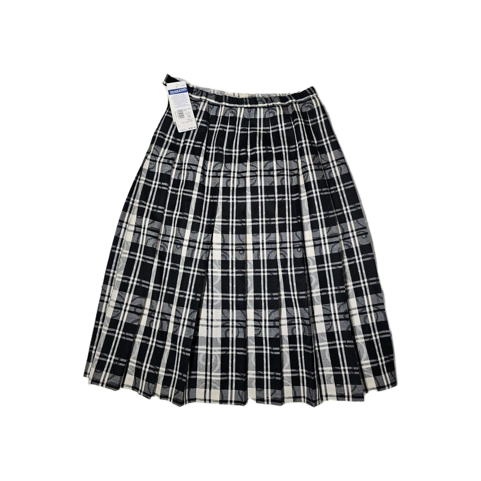 NWT VTG Pendleton Plaid Pleated Midi Skirt Black White 100% Virgin Wool Sz 12