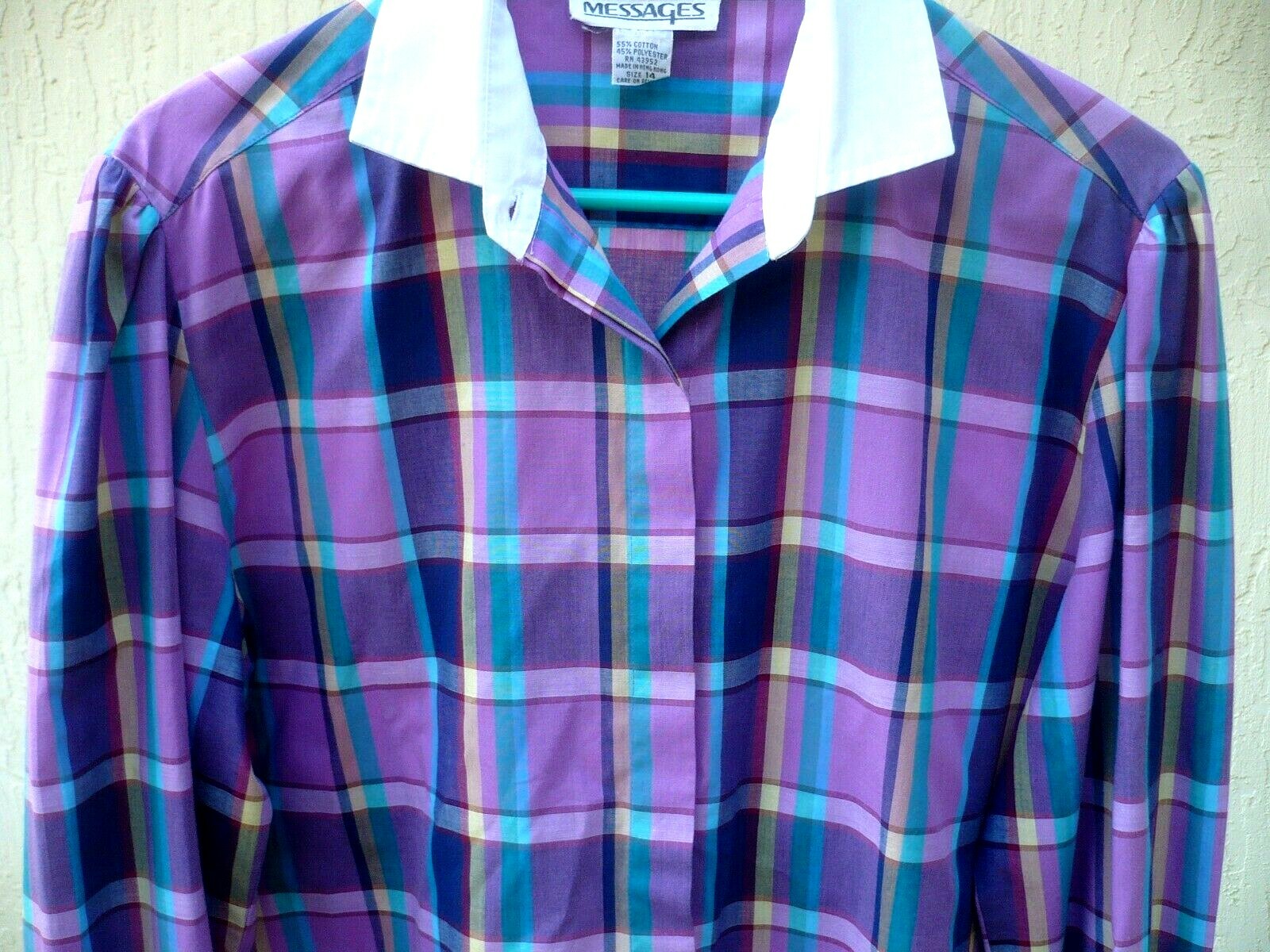 VTG MESSAGES L DEEP PURPLE PLAID LONG SLEEVE BUTTON DOWN SECRETARY BLOUSE WOMEN