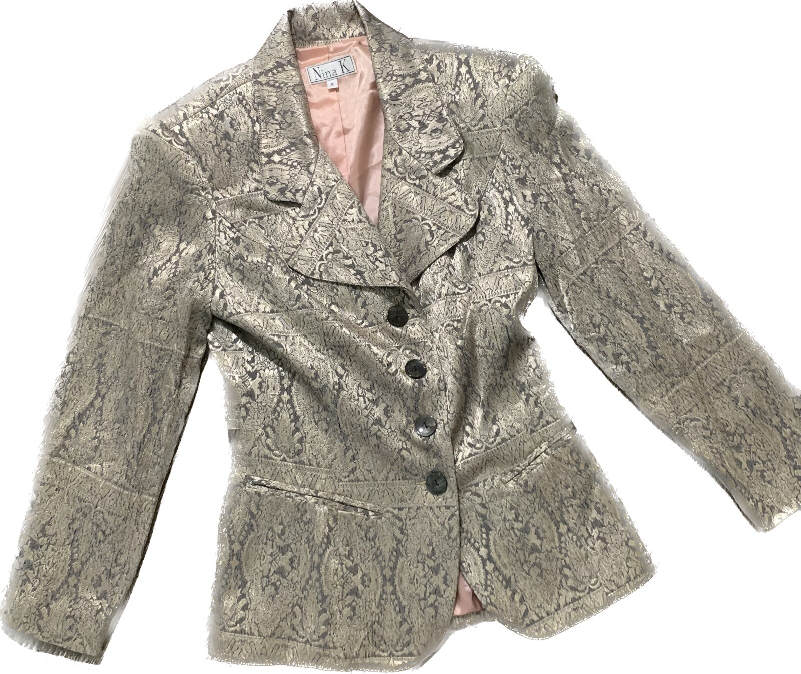 Vintage Nina K Silver Rayon Brocade Blazer Jacket Sz 4