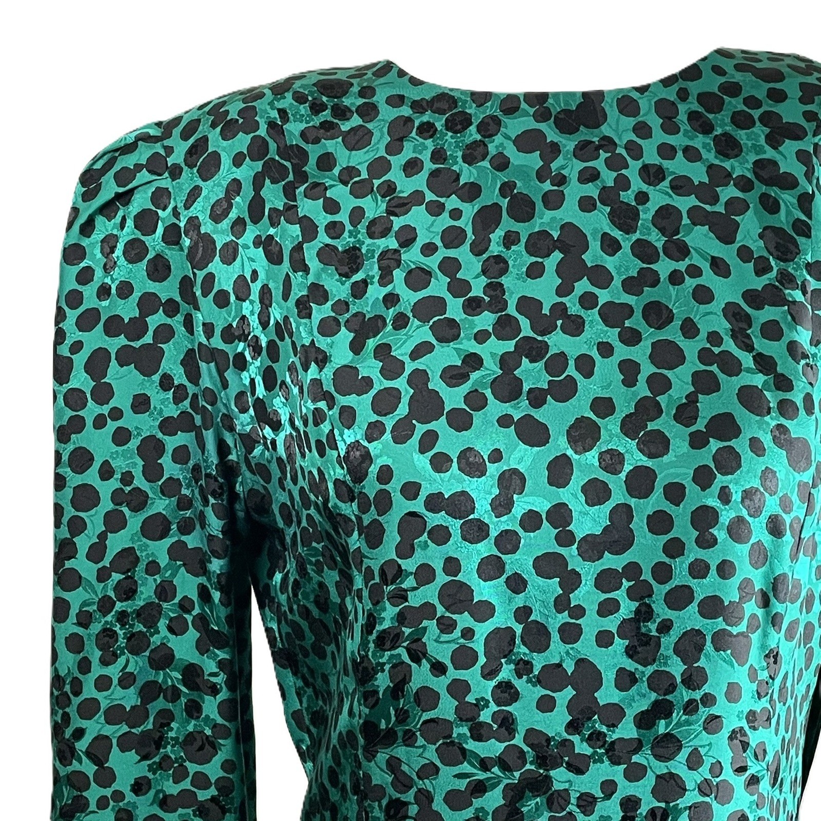 VTG Maggy London Sz 8 Green Black Polka Dot 100% Silk Dress Pleated Ruffle Hem