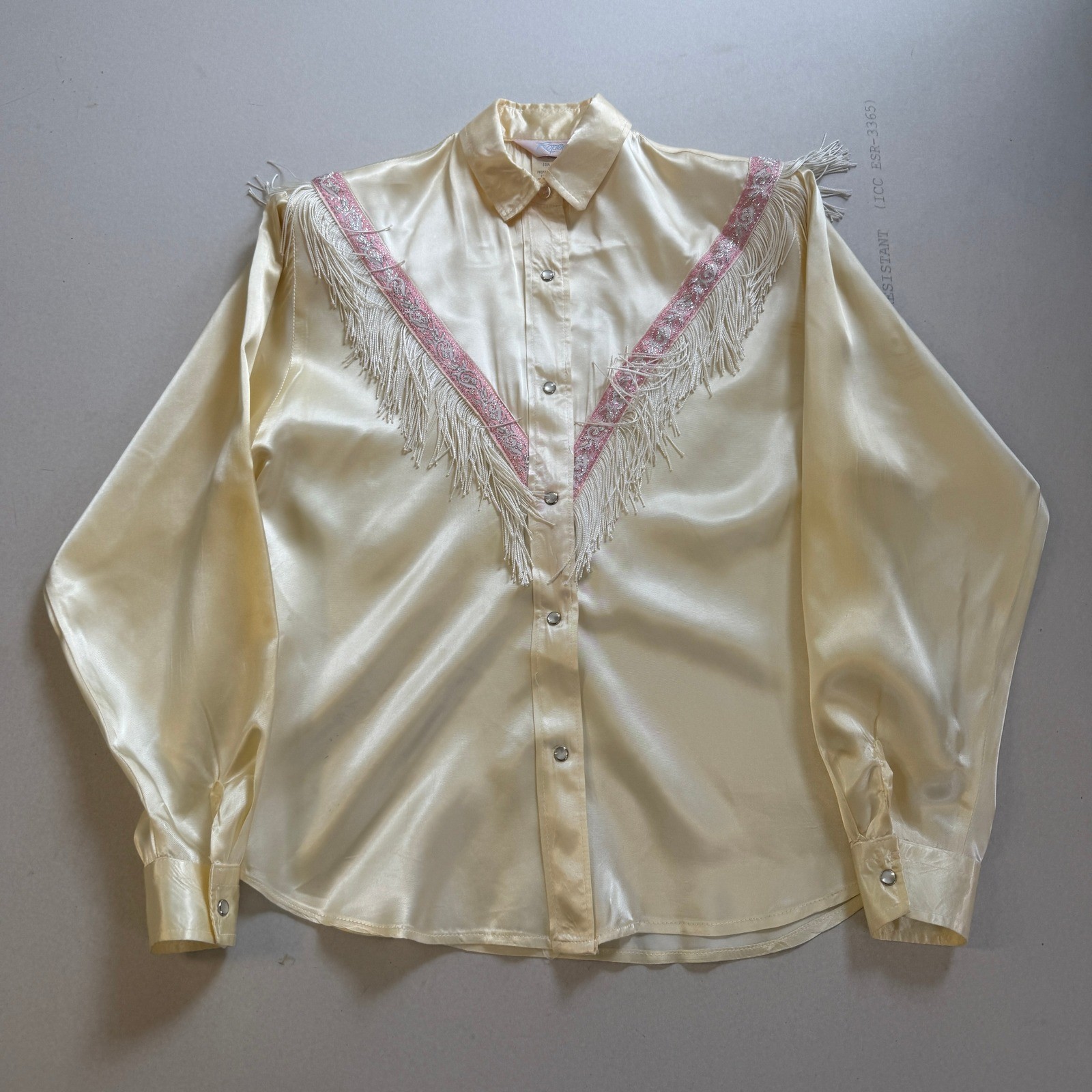 Vintage 70s Roper Western Shirt Ivory Satin Fringe Pink Embroidery Pearl Small