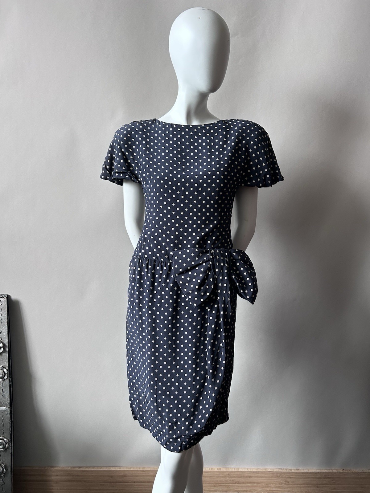 Vintage Arnold Scaasi Dress Pin Up Navy Blue White Polka Dot 80s Cocktail sz S