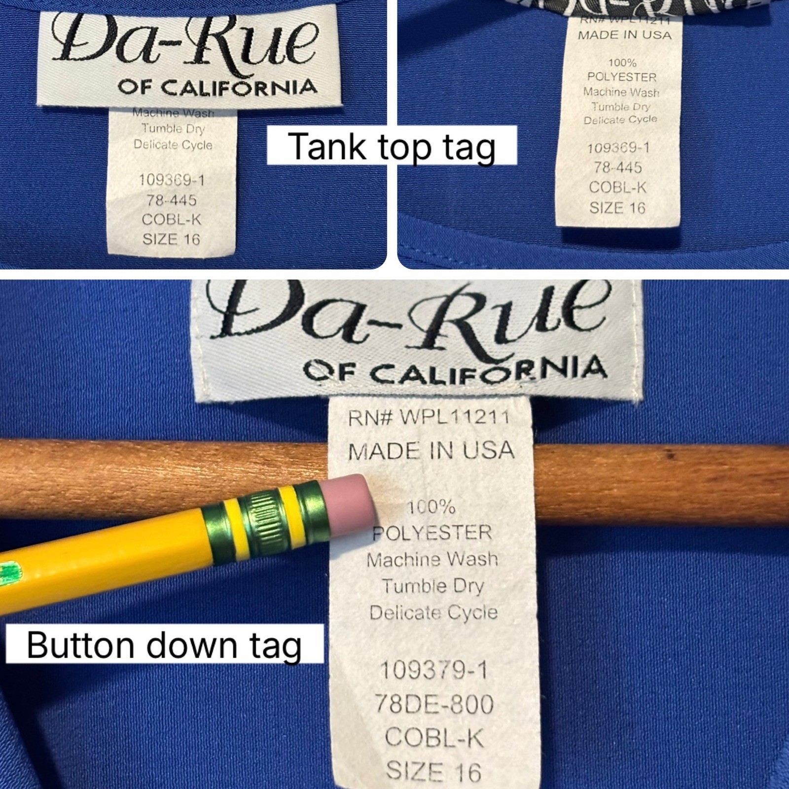 Vintage Da-Rue of California Women’s 16 Blue 2pc Rhinestone Shirt & Tank Set 90s