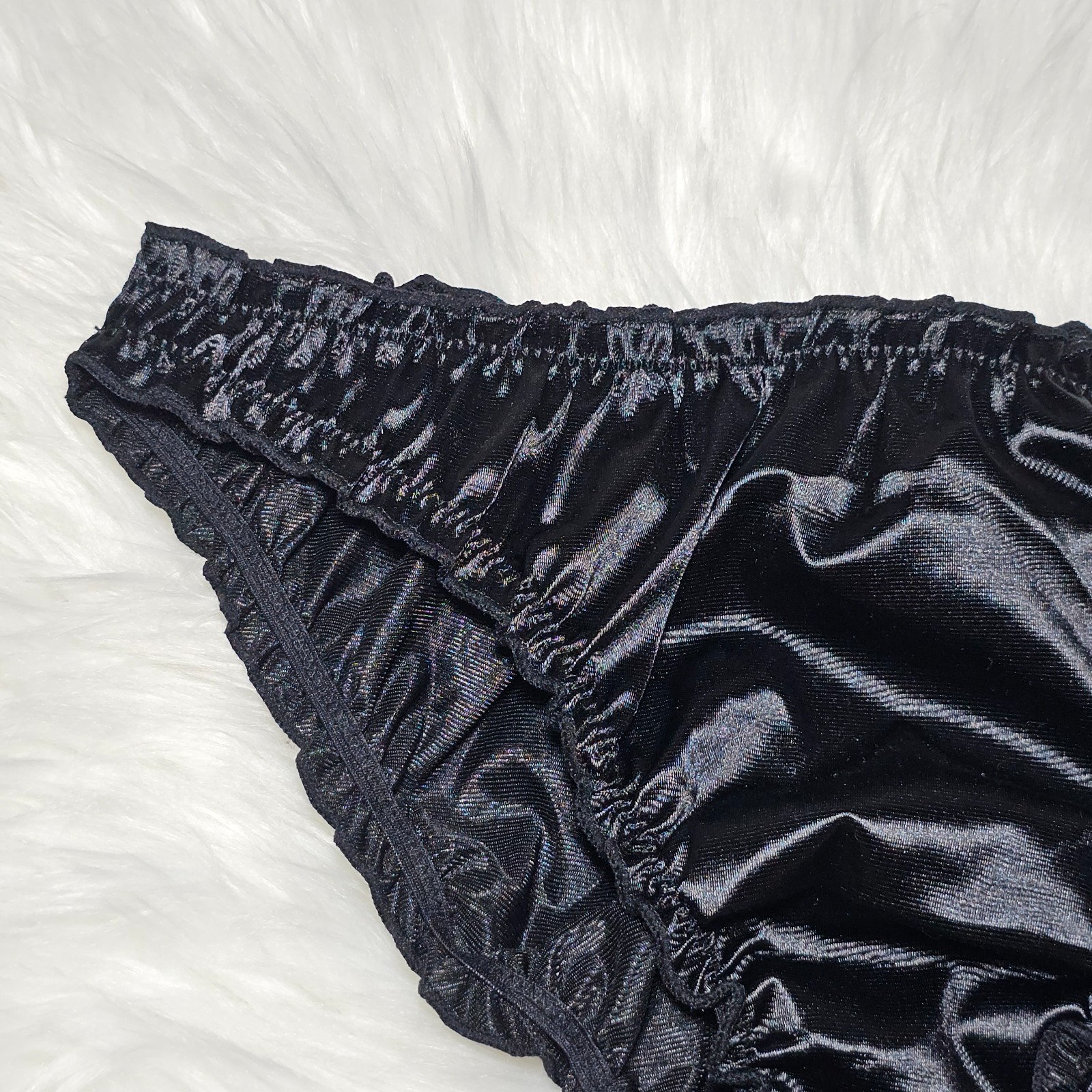 Glossy Nylon Satin Panty Liquid Black Bikini Sissy Ruffle Brief Sz. 8 Hip 40-44″